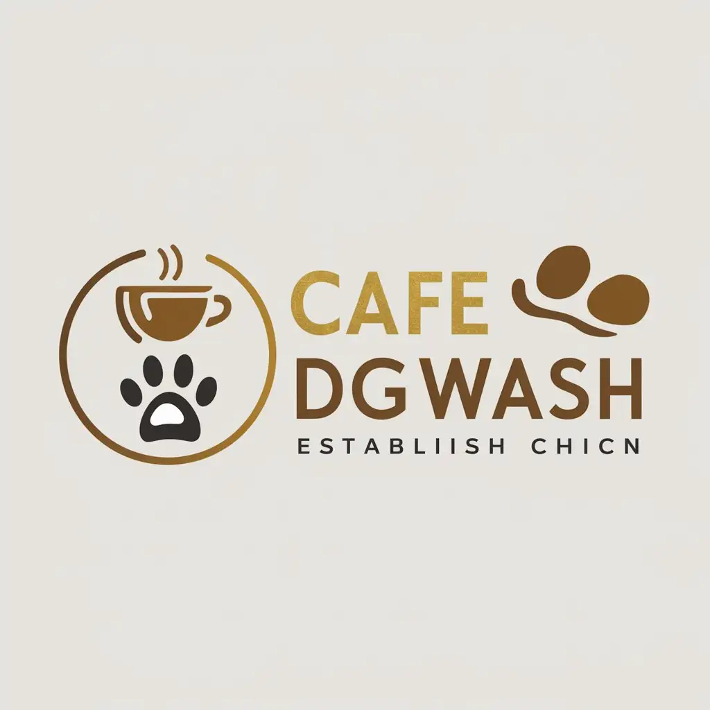 a logo design,with the text "CAFE DOGWASH", main symbol:cafe, dogwash, symbol of paw on the cup and dog-washing. colors brown, golden and black,Moderate,clear background