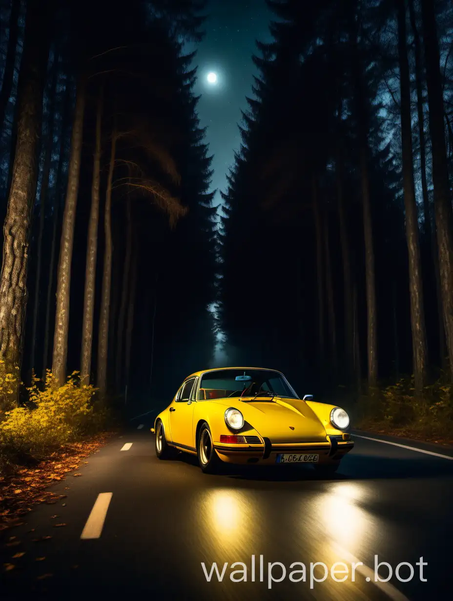 A yellow Oldtimer Porsche drives on a road in a beautiful forest during night, you can see the moonlight between the trees