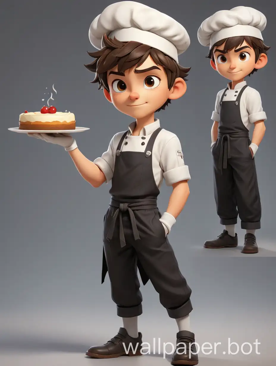 boy in cartoon style, wearing a chef's dark apron, light shirt, white gloves, game character sheet reference, small cheesecake in the palm, full-body shot, two different poses, full body, 2 poses, maximum detail, best quality, HD, gorgeous light and shadow, detailed design, 3D quality