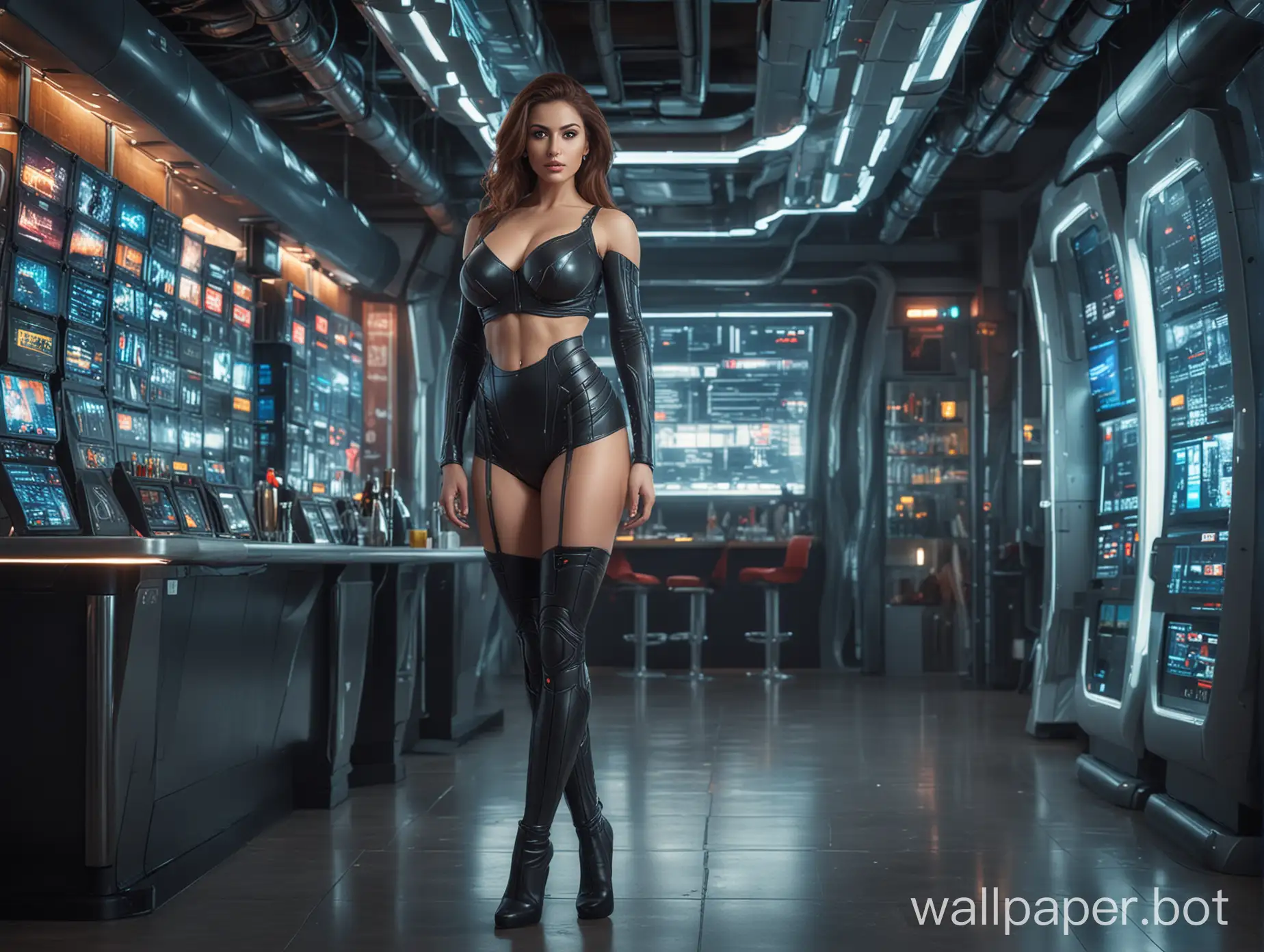 beautiful woman, with triple size large breasts, full length body view, in front of a futuristic business, in the genre of science fiction, standing in a high tech bar with beautiful legs wearing a tight outfit