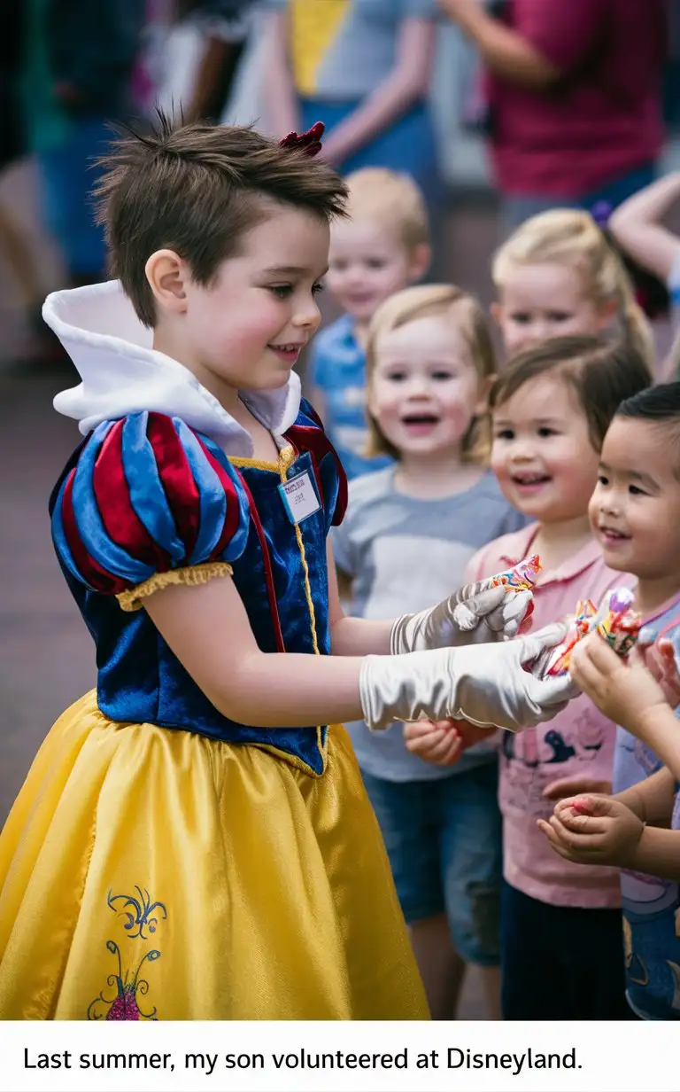 Gender role-reversal, Photograph of a boy age 8 with a cute face and short brown spiky hair shaved on the sides, the boy is volunteer working at Disneyland in a Snow White princess dress and long silk gloves and a name tag which says “Oliver”, the boy is kindly handing out sweets to a group of little 5-year-old boys and girls, adorable, perfect children faces, perfect faces, clear faces, perfect eyes, perfect noses, smooth skin, the photograph is captioned below “last summer, my son volunteered at Disneyland”