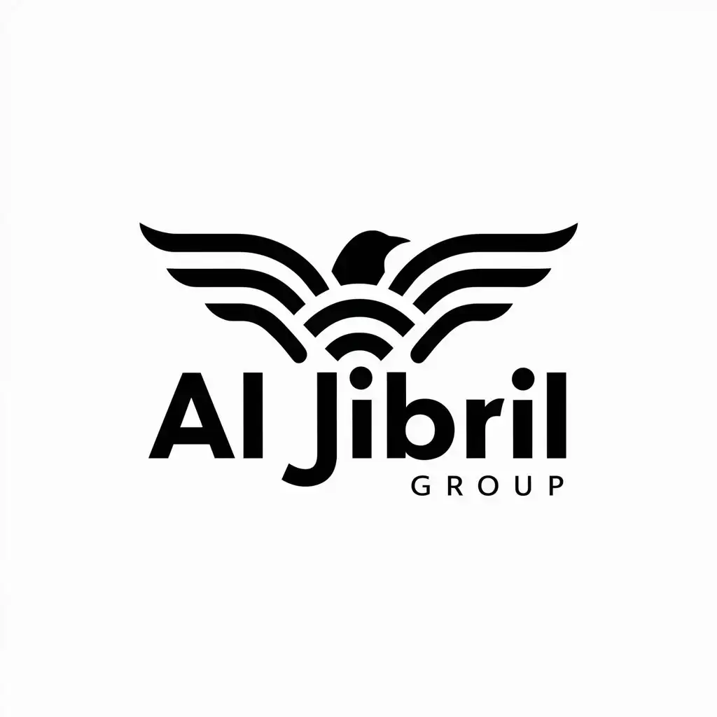 Buat Logo Bagus dengan tulisan "AL JIBRIL GROUP" logo berbentuk burung dan disematkan logo wifi