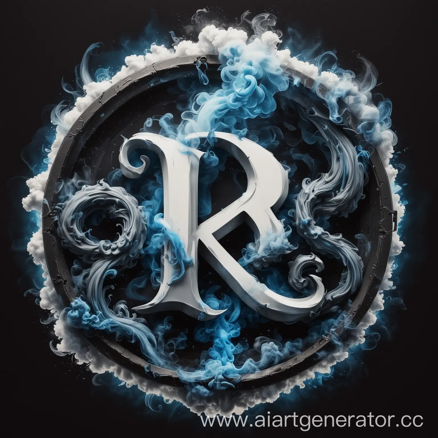 Круглая эмблема, в центре большая буква R, по кругу черный, синий и белый дым, стиль Жнец