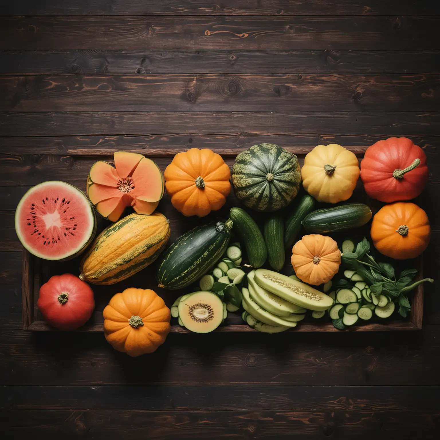 appetizing, attractive arrangement on dark wooden table. foods to include: Squash, pumpkin, cucumbers, melons and watermelon