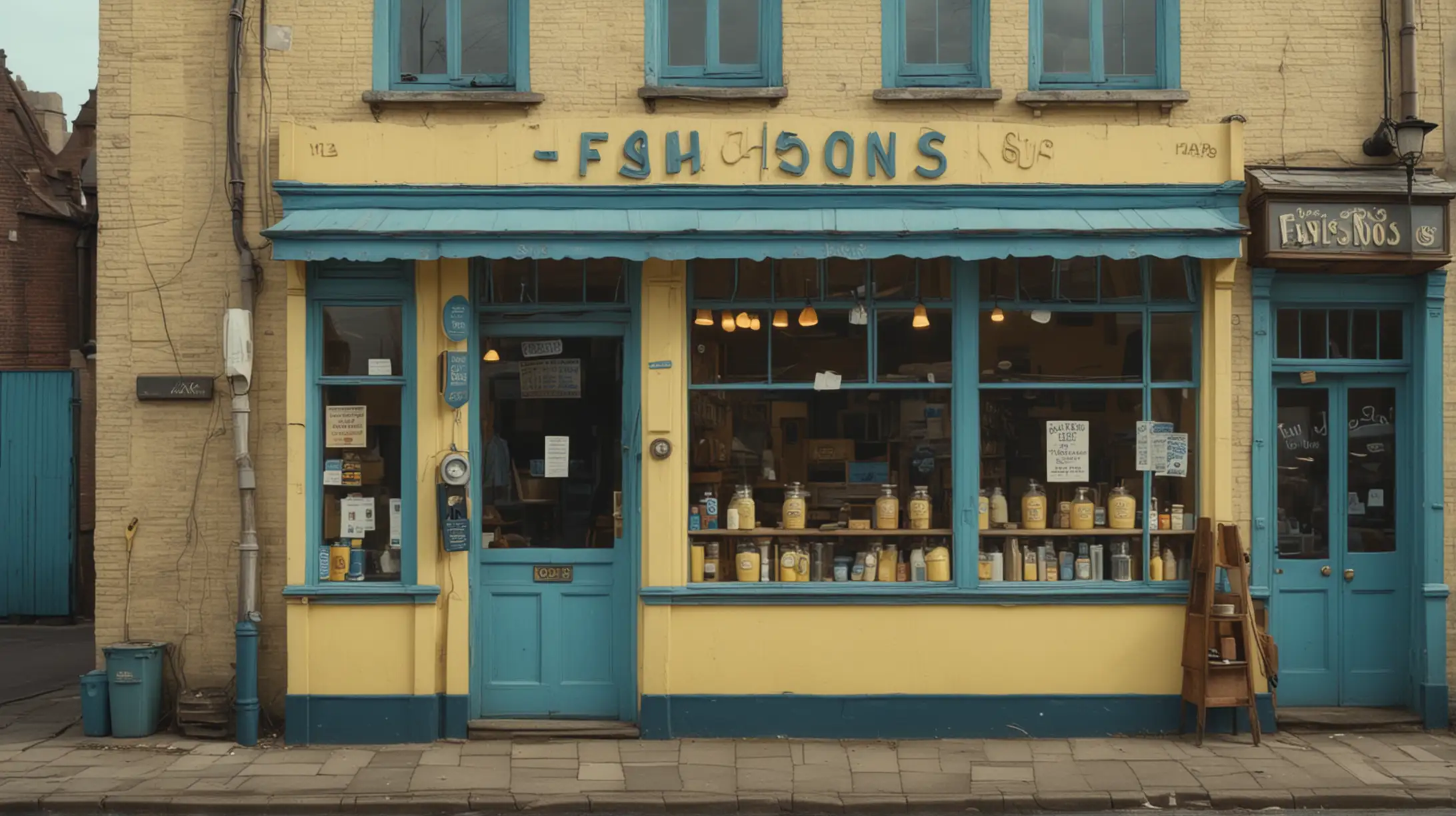 这是一个极具韦森安德森风格的场景，黄蓝色调，平静的氛围，全景，一个old fashion 的名叫W. H. Atkinson and Sons的卖鱼的商铺。