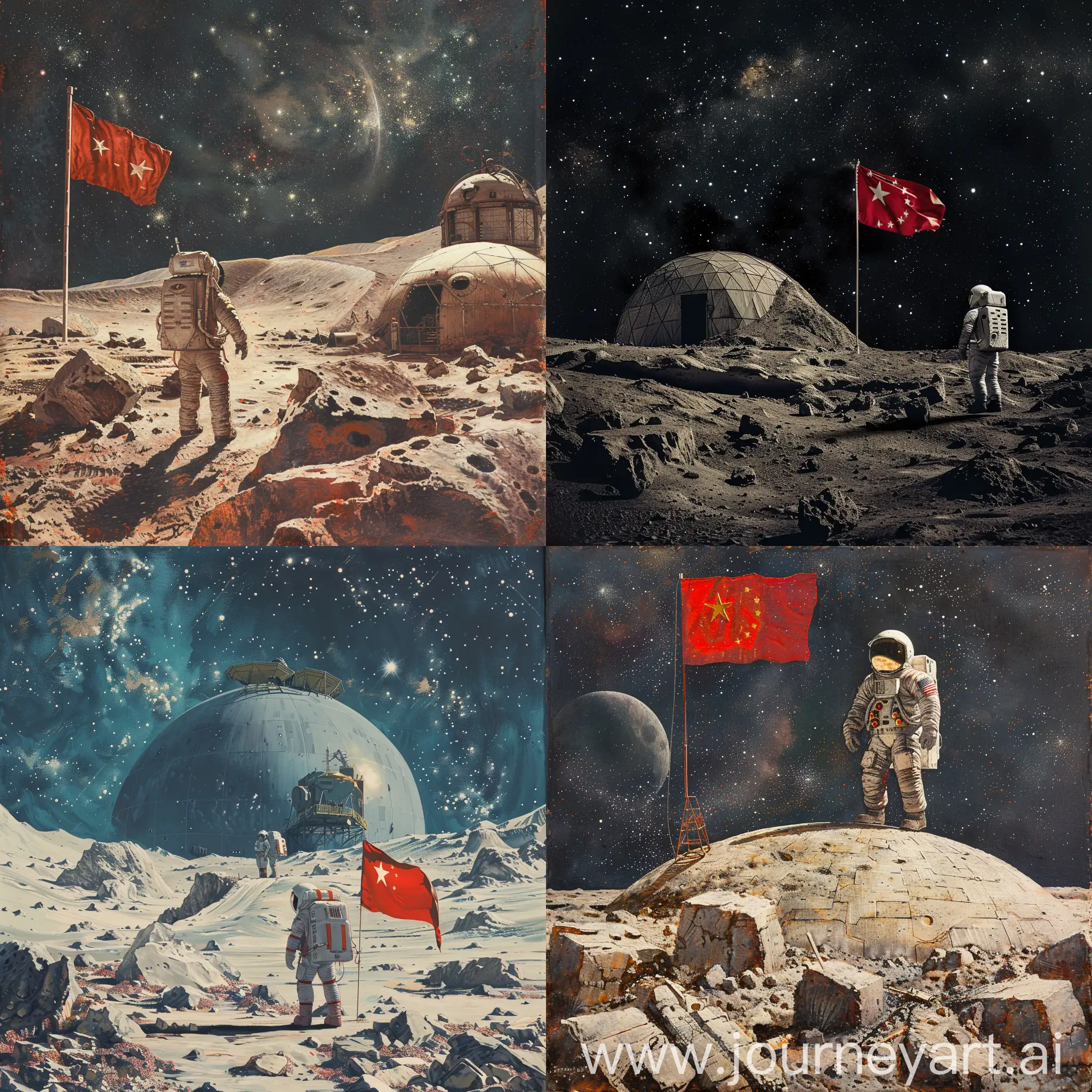 Astronaut-Building-Moon-Base-Under-Starry-Sky-with-FiveStar-Red-Flag