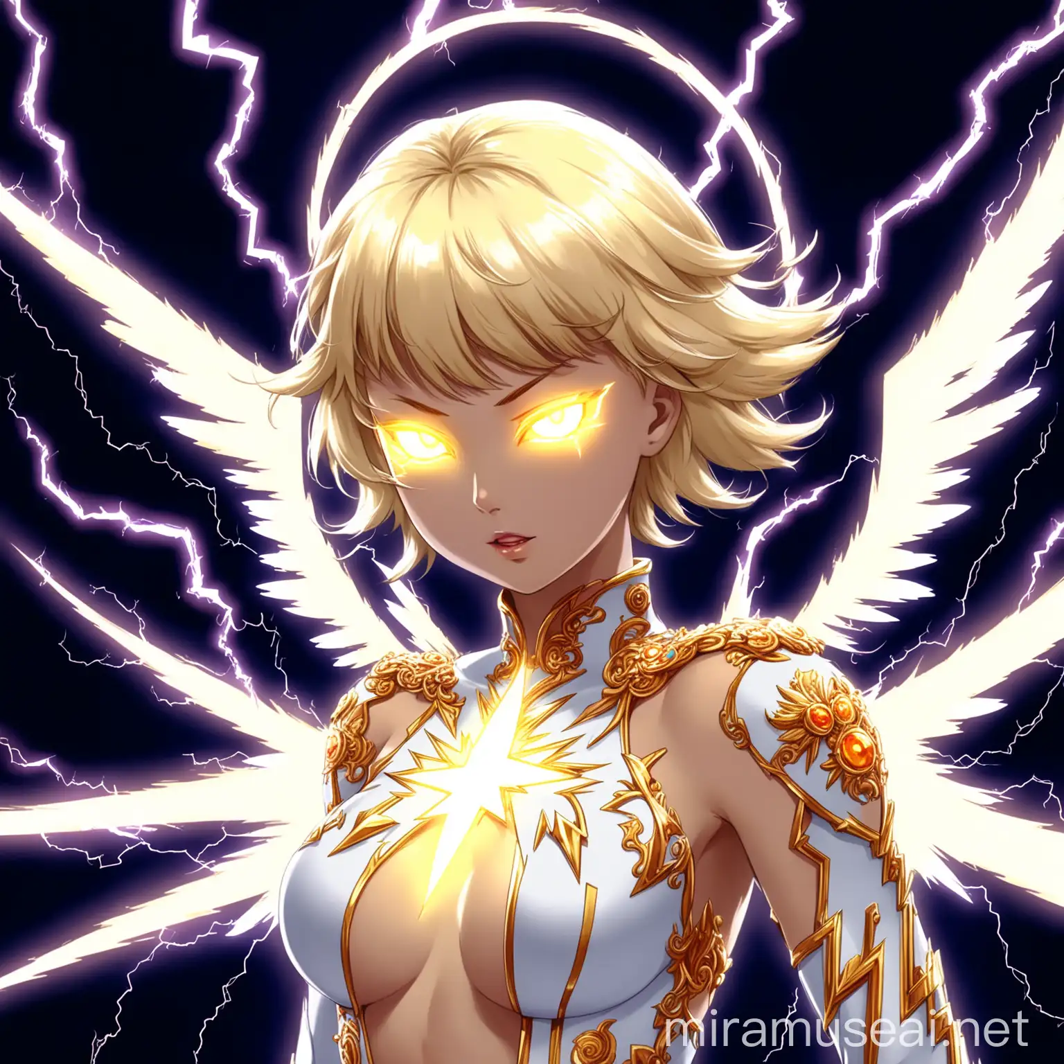 An (((angel woman))), she has radiant lightning wings, luxurious, she has a short wolfcut blonde hair, and a magnificent, luminous form, emitting an ethereal glow that highlights every intricate detail, she has a beautiful body with luminous signs of (((lightning bolt)))), from her flawless complexion to her electrifying, 'crazy' expression, luminous lightning eyes, in anime style