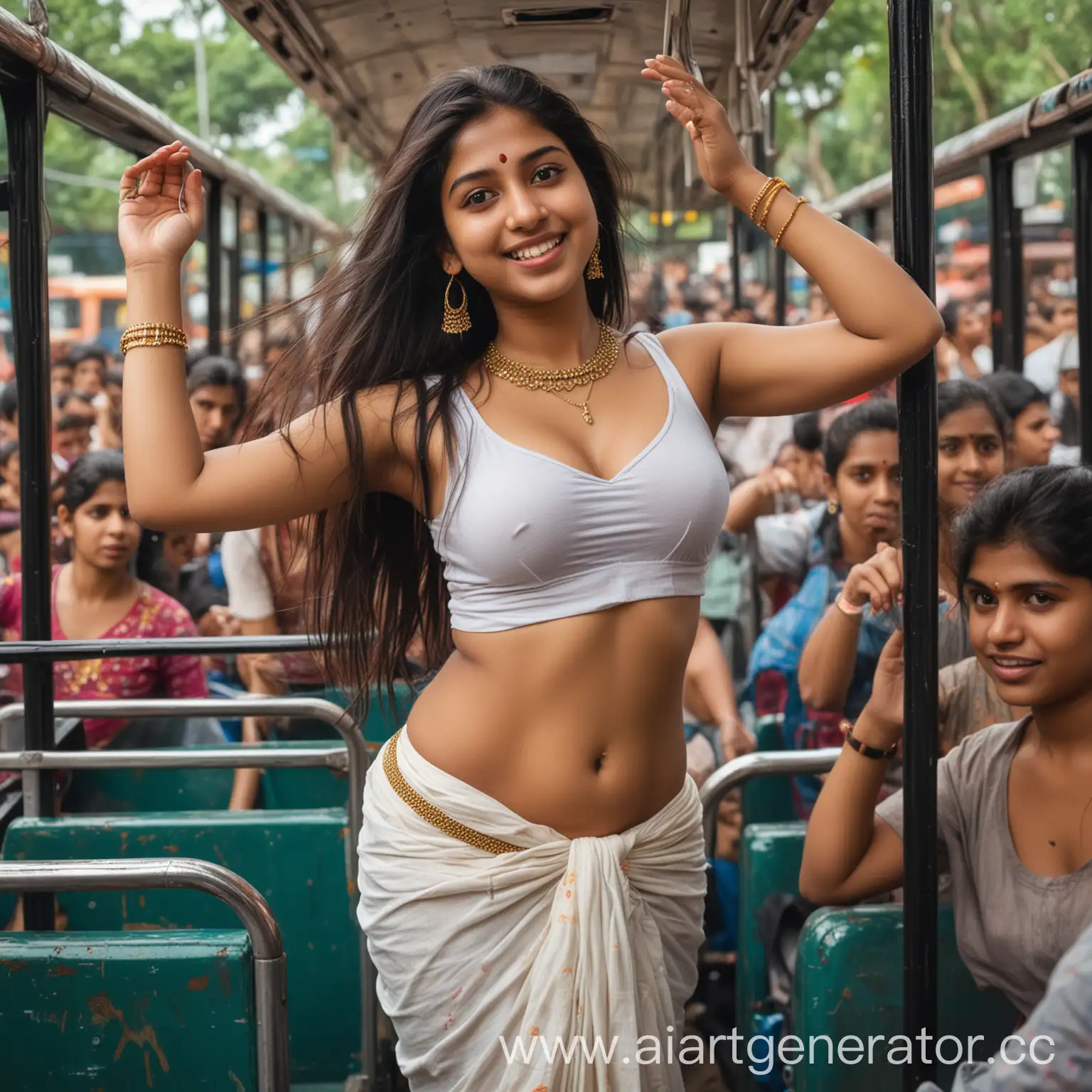 An enchanting thick fat Indian girl with a fair, smooth complexion, her long, dark hair flowing down her back in a casual mess. She possesses an attractive figure, accentuated by her modest yet alluring attire - a low-waisted dhoti, revealing her slender waist and hips. Her perfect figure is on full display as she stands in a crowded bus, stretching her arms up to their fullest extent, reaching for the bus handle bar. Her deep navel is visible, accentuating her toned abdomen, and she wears a delicate gold chain around her neck. The background of the image is filled with a sea of people, their faces a blur of vibrant colors as they go about their daily routines. The bus is old and paint-chipped, but it carries its passengers with pride, rocking gently as it navigates through the bustling streets. The girl's confident smile and determined expression convey her resilience and adaptability in the face of the chaos around her.