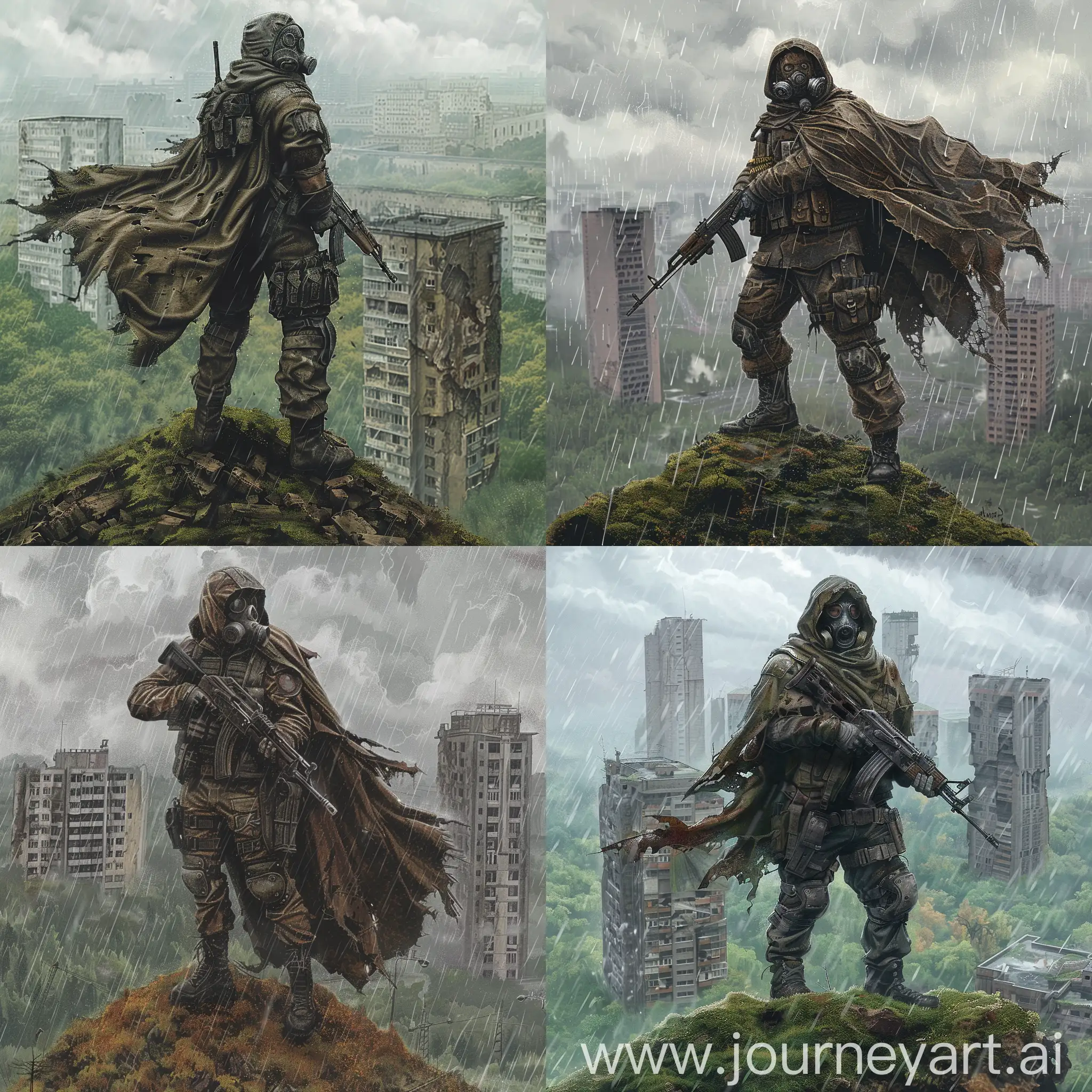 Draw a stalker standing on top of a hill in the style of S.T.A.L.K.E.R.. He is wearing battered armor consisting of a leather jacket, gas mask and army pants. He holds a Kalashnikov assault rifle in his hands and looks into the distance. Abandoned soviet Pripyat city buildings overgrown with moss, other signs of destruction rise behind the stalker, the sky is covered with heavy clouds, and it is raining, his cloak is fluttering in the wind, the image should convey the atmosphere of loneliness, danger and post-apocalypse, characteristic of the S.T.A.L.K.E.R. series of games, soviet style illustration.