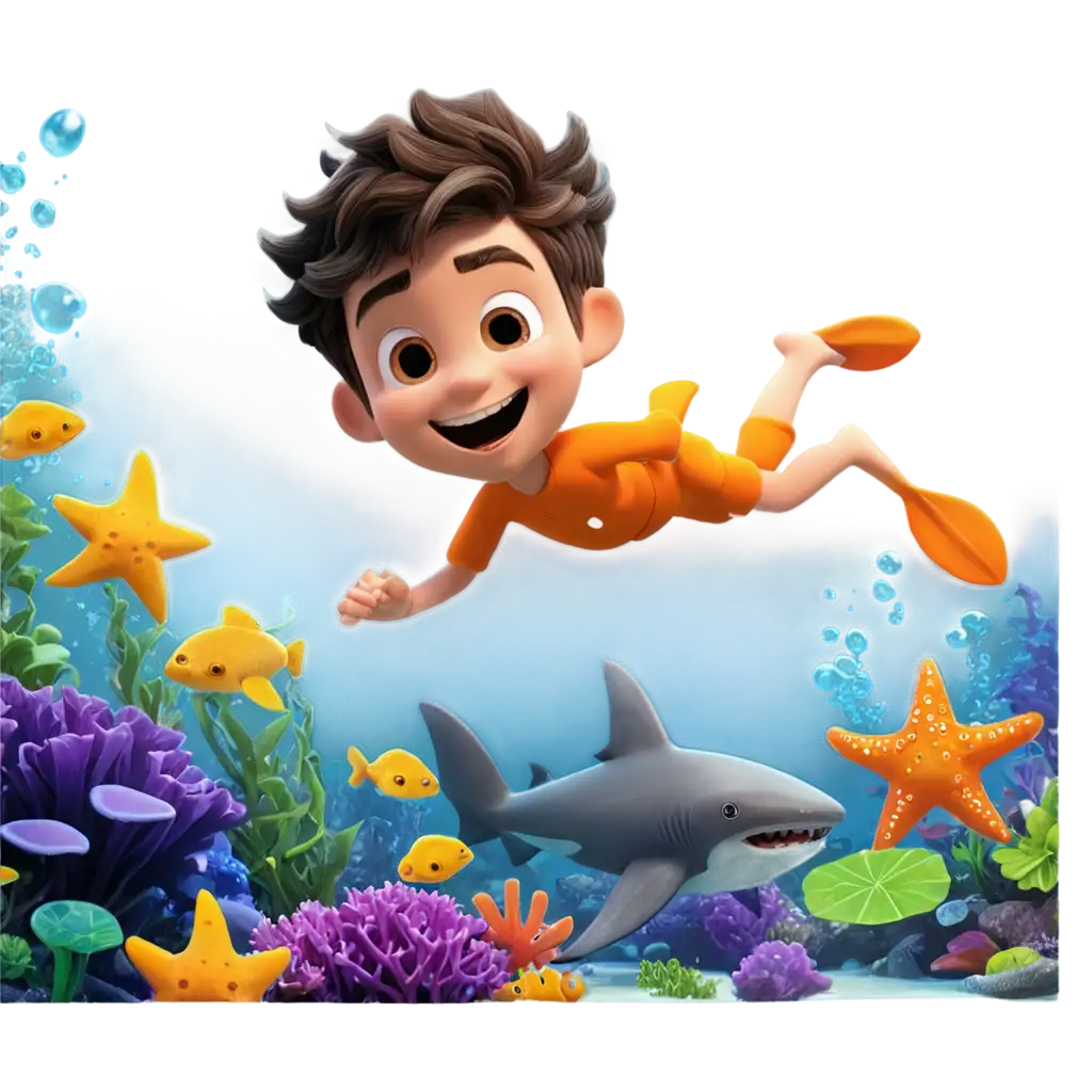 P3D cartoon underwater scene with a happy boy swimming surrounded by a friendly shark, octopus, starfish, and turtle, amidst colorful underwater plants and coral reef"