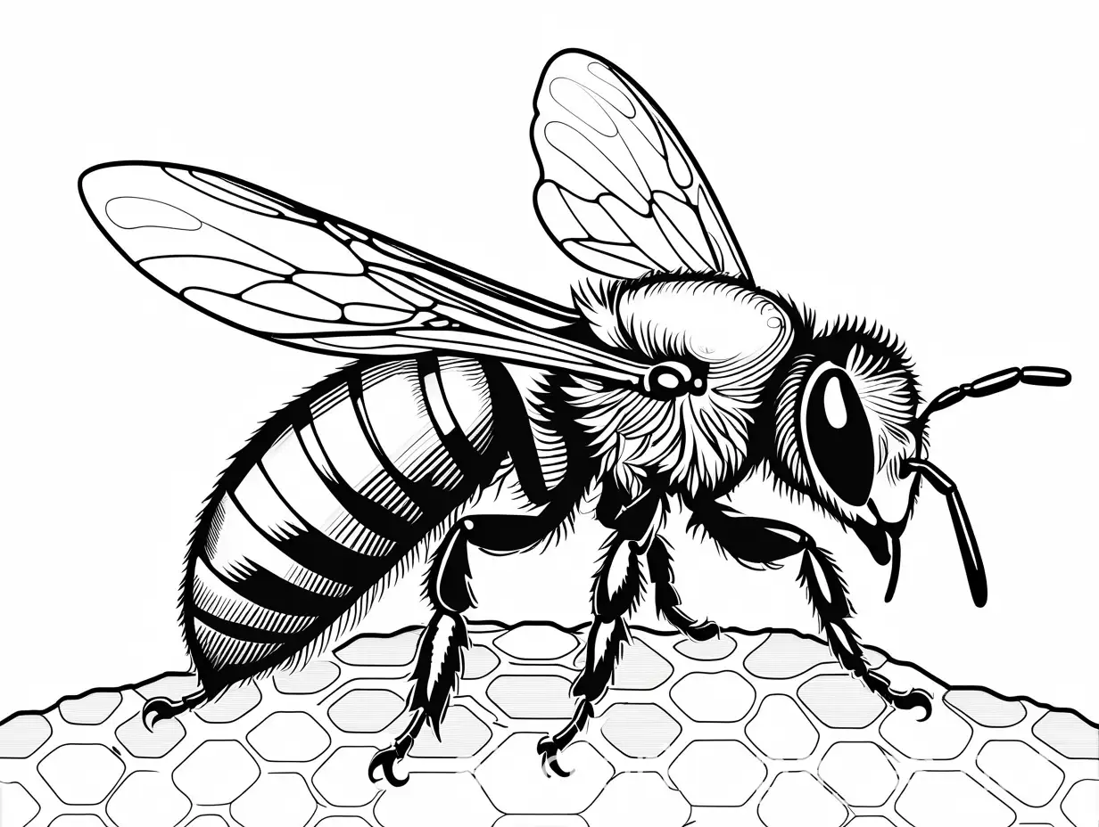 queen bee, Coloring Page, black and white, line art, white background, Simplicity, Ample White Space. The background of the coloring page is plain white to make it easy for young children to color within the lines. The outlines of all the subjects are easy to distinguish, making it simple for kids to color without too much difficulty