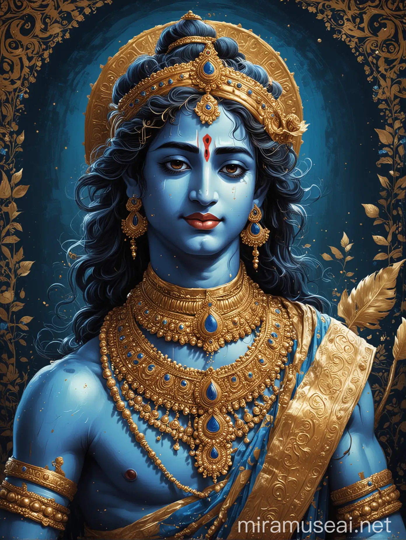 Divine Lord Krishna Serene Digital Illustration in Blue and Gold