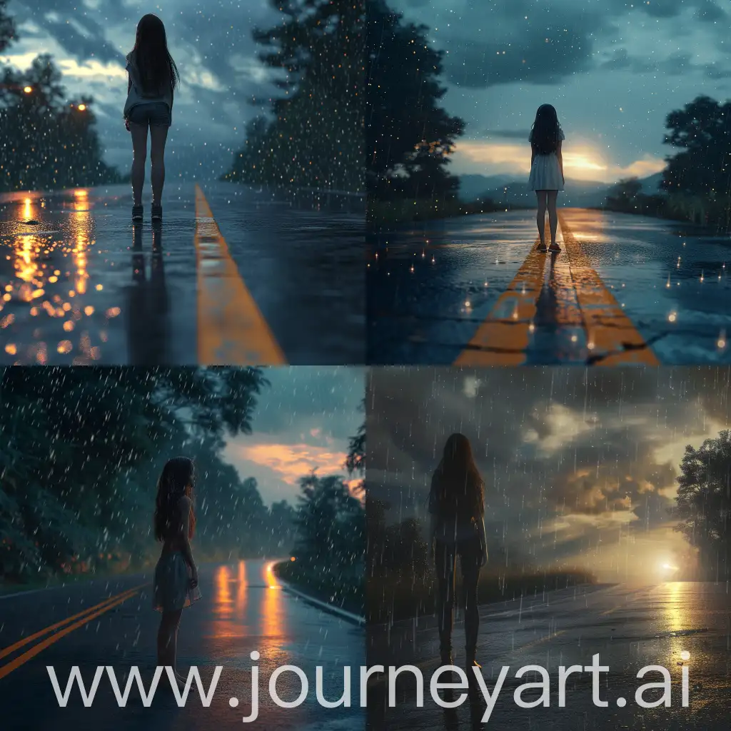 девушка стоит на обочине дороги и смотрит вдаль во время дождя, реалистичное изображение, 4k render