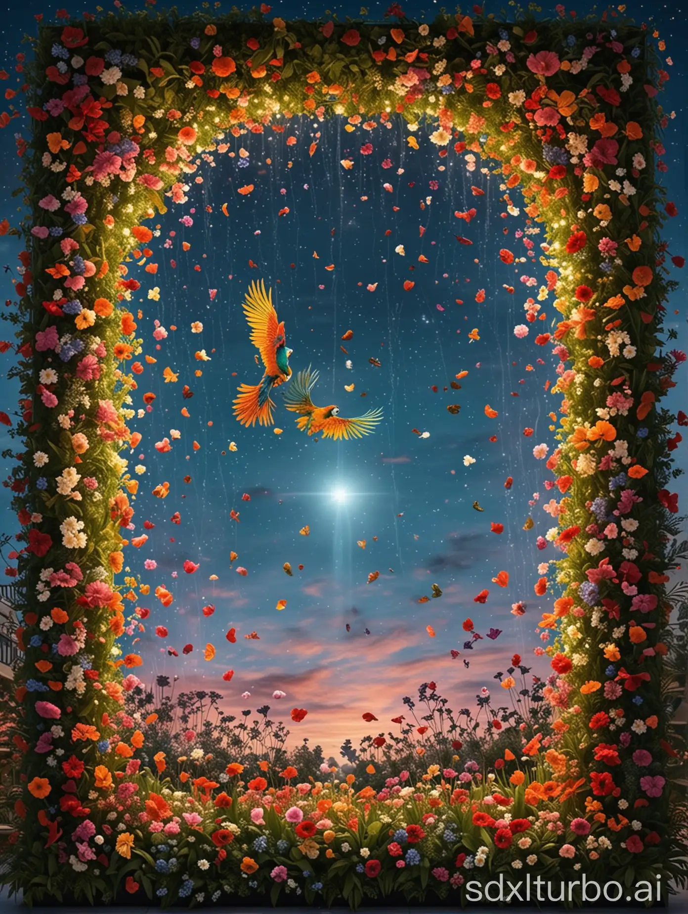 设计一幅鹦鹉在充满悬浮花朵的空中花园中飞翔，花朵散发着淡淡的光芒。