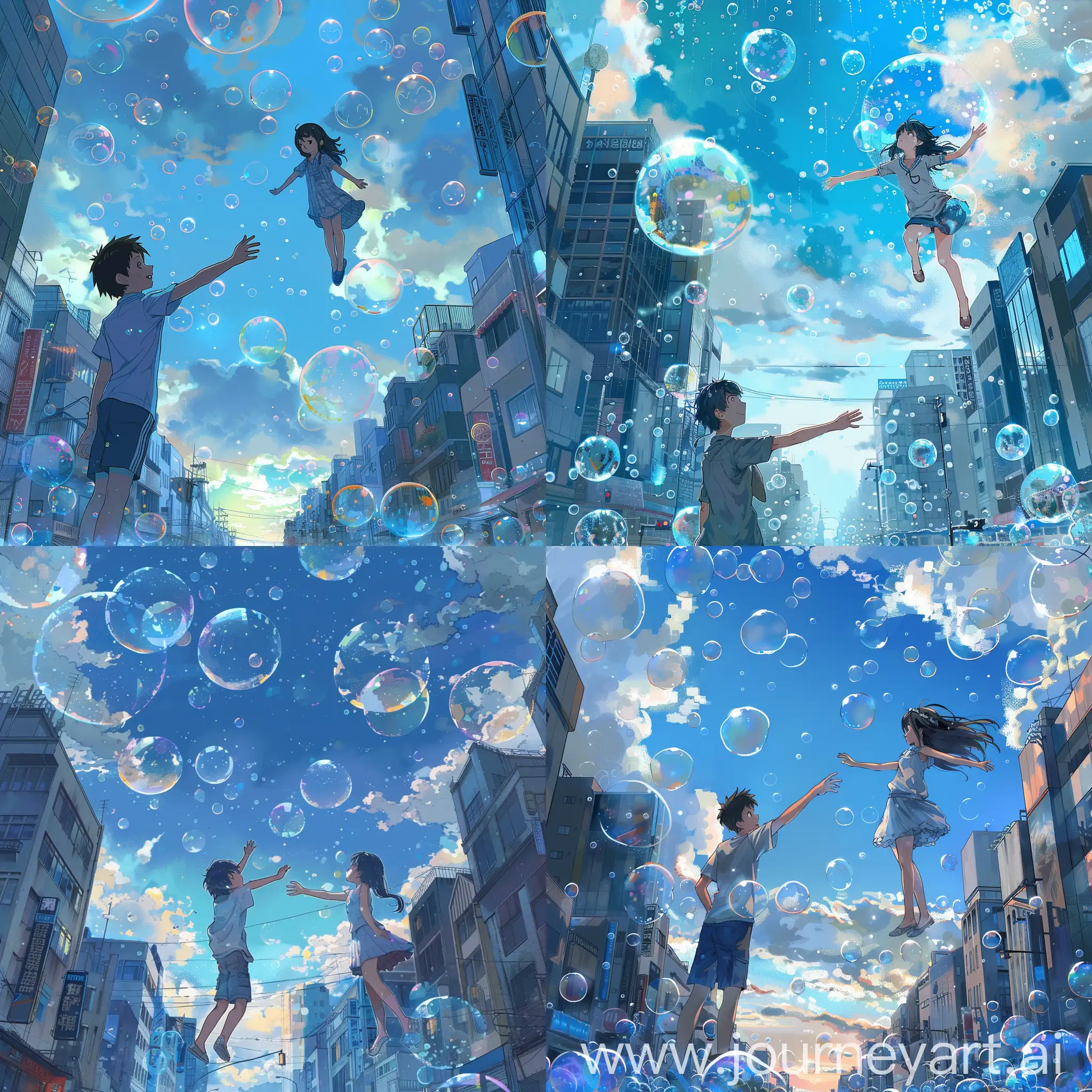  Hina and hodaka from weathering with you anime are floating in the sky among the bubbles in the city. ((Weathering with you)),Hina,hodaka, from teni ko anime,The boy is reaching out to the girl. The girl is infront of him. The sky is blue and cloudy. The buildings are tall and the streets are crowded. The art style is anime. The artist is unknown. The image is in the style of Makoto Shinkai. The colors are vibrant and the lighting is bright. The bubbles are transparent and the reflections are anime style,art of makoto Shinkai,