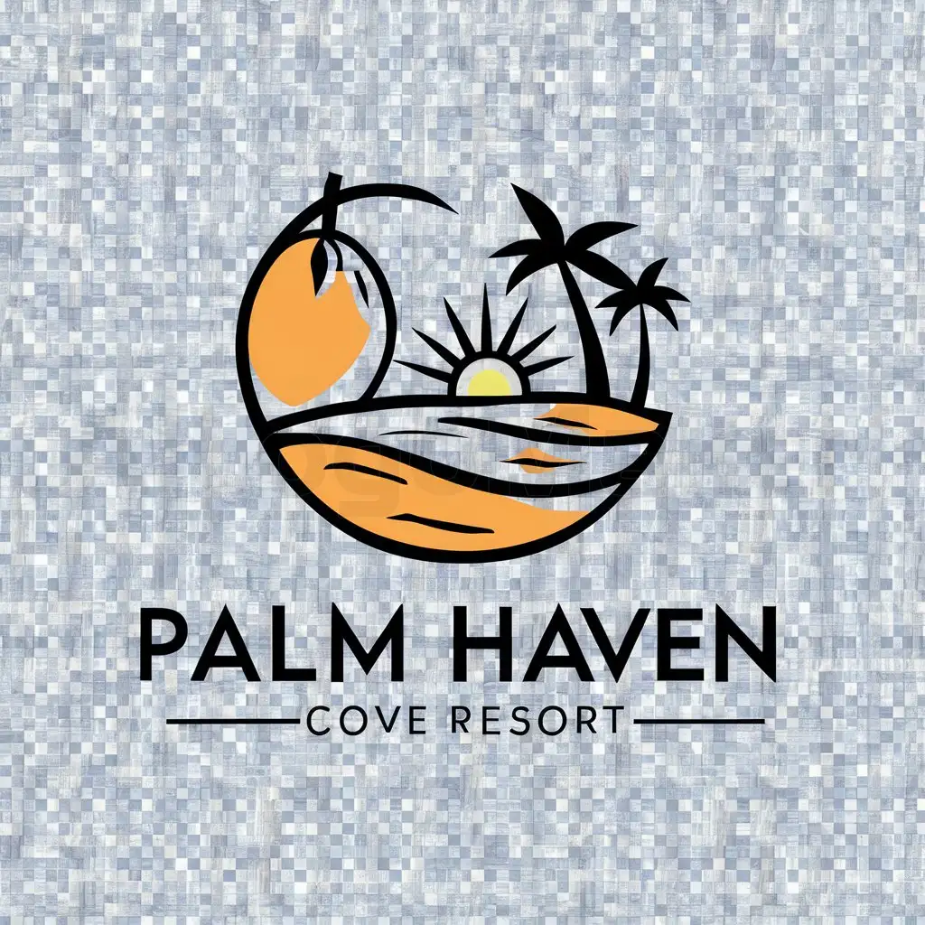 a logo design,with the text "Palm Haven Cove Resort", main symbol:Logo with mango, sand ,palm trees, sunrise in a cove,Moderate,be used in Resort industry,clear background