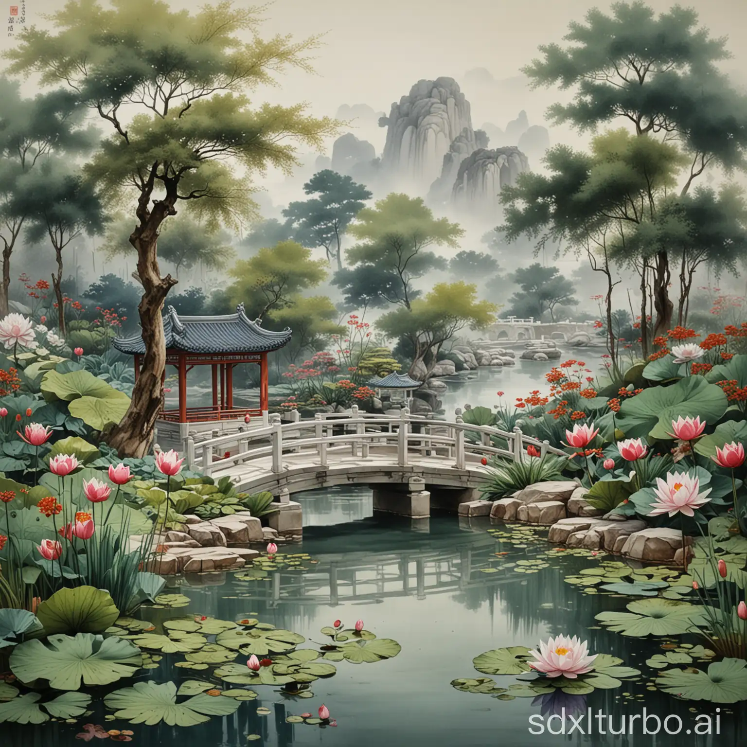 Chinese garden, water, pavilions, water lilies, rockery, Chinese painting