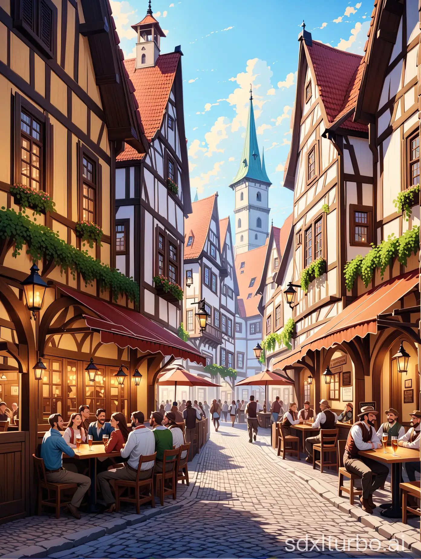 ((masterpiece)),((best quality)),8k,high detailed,ultra-detailed,,The scene depicts the bustling streetscape of Mondstadt, where a lively tavern echoes with the sounds of people chatting and clinking glasses.,streetscape of Mondstadt,bustling tavern,lively atmosphere,people chatting,clinking glasses