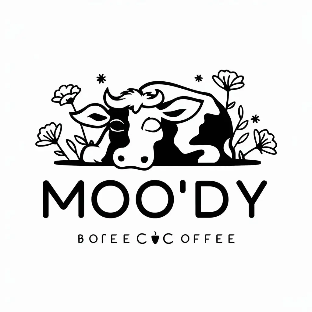 a logo design,with the text 'NoTalkieBeforeCoffee', main symbol:tired,cow,rolling,eyes,flowers,Moderate,clear background