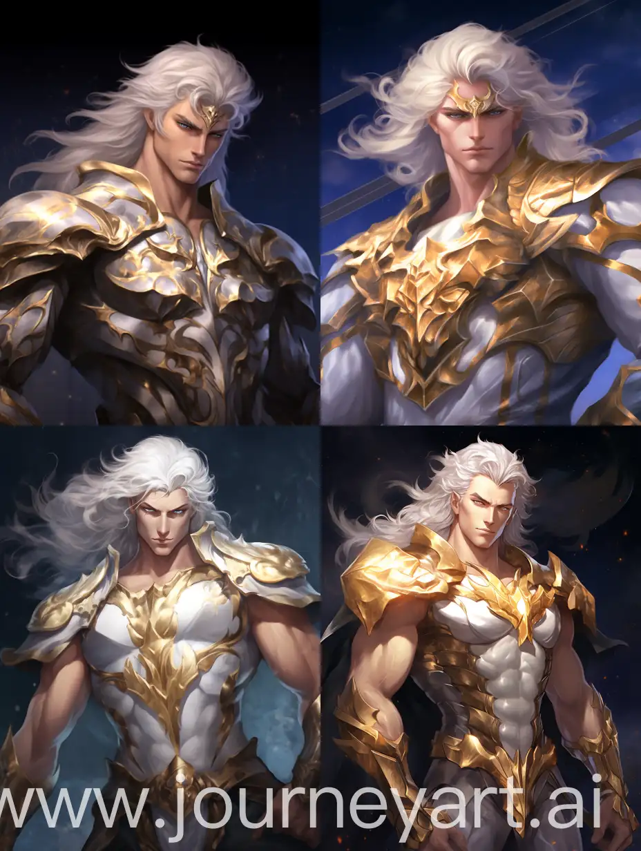 Subject: a demigod primordial of the sky. Golden bronze skin, white hair, dark blue eyes, very muscular and lean, diamond shaped face, stunning beauty. 

Background: the heavens is his background, they shine brighter for their young half primordial prince, his father the primordial of the realm watches him

Style: detailed, intricate, oil on canvas 8k painting  stunning, extremely realistic painted realism, detailed digital painting concept art, detailed paiting by gaston bussiere, craig mullins, oil painting watercolor painting,