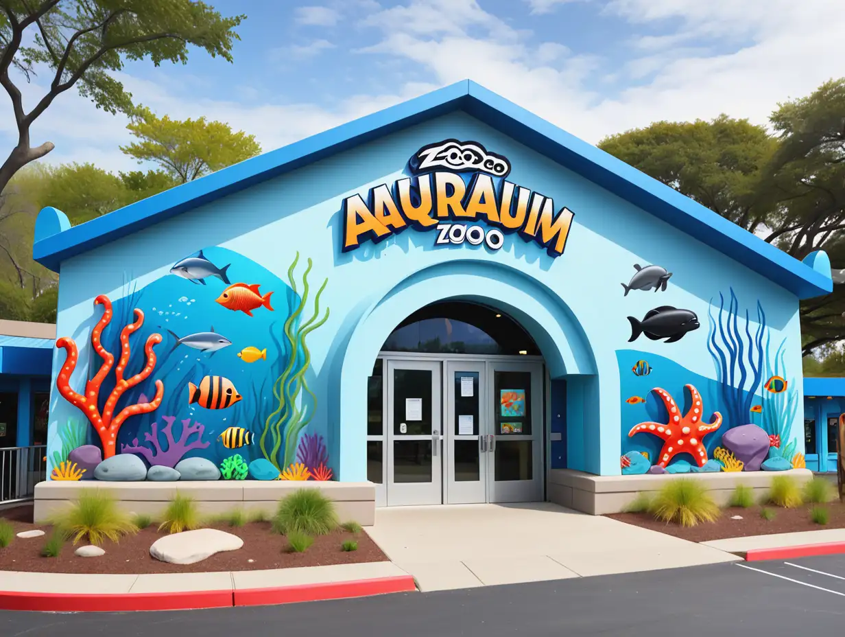 A colorful cartoon-style zoo aquarium building with large glass windows, showcasing marine-themed decorations. The exterior is playful and inviting, with vibrant murals of sea creatures, a big entrance sign that says 'Aquarium,' and a pathway leading to the entrance. Perfect for a children's cartoon series.