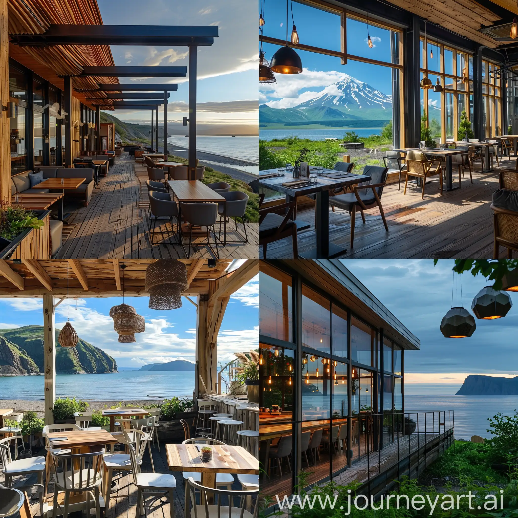 prompt modern bistro in Kamchatka on the shores of the Pacific Ocean, very stylish and progressive, cozy and pleasant place in nature