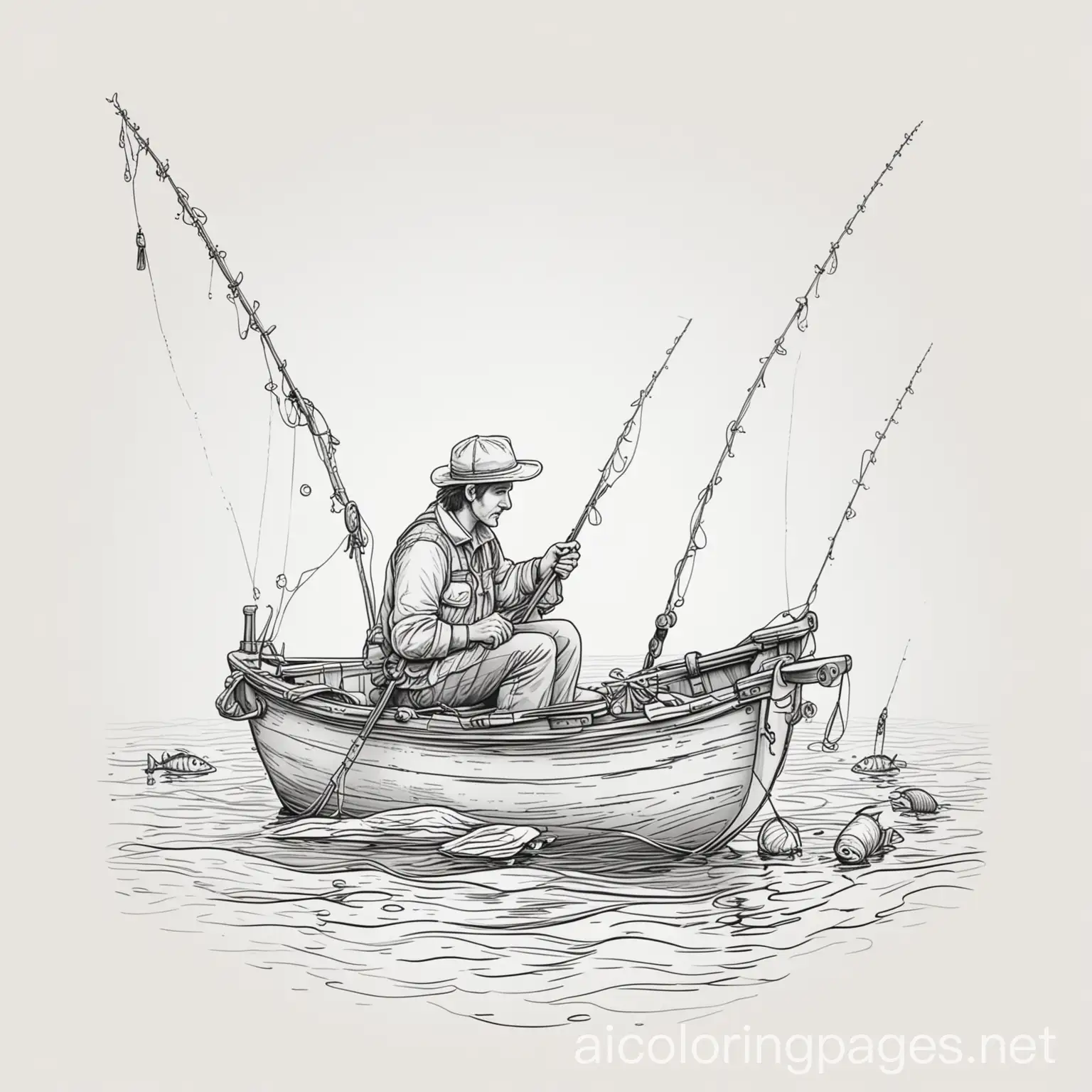 fishing, Coloring Page, black and white, line art, white background, Simplicity, Ample White Space. The background of the coloring page is plain white to make it easy for young children to color within the lines. The outlines of all the subjects are easy to distinguish, making it simple for kids to color without too much difficulty