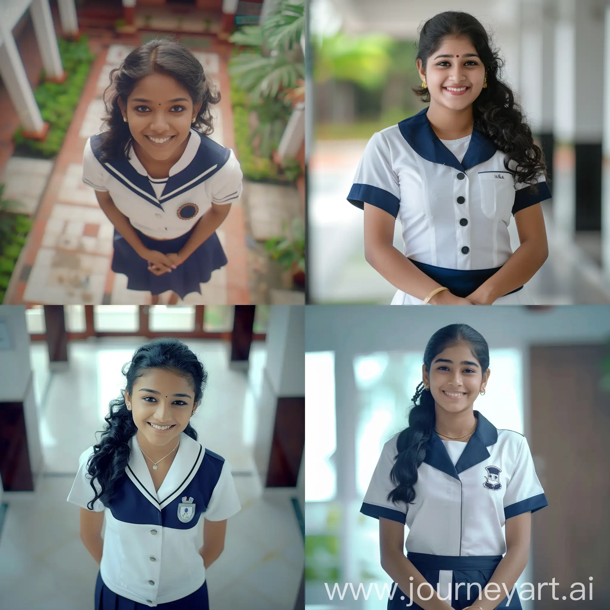 A still photo of an alluring Malayali 18 year old healthy very beautiful, dusky and dark, cute, curvy and alluring girl in a white and navy blue uniform, smiling, high-definition, creative angle, hyperrealistic 4K resolution, Kerala south Indian high school background, overhead shot, waist shot