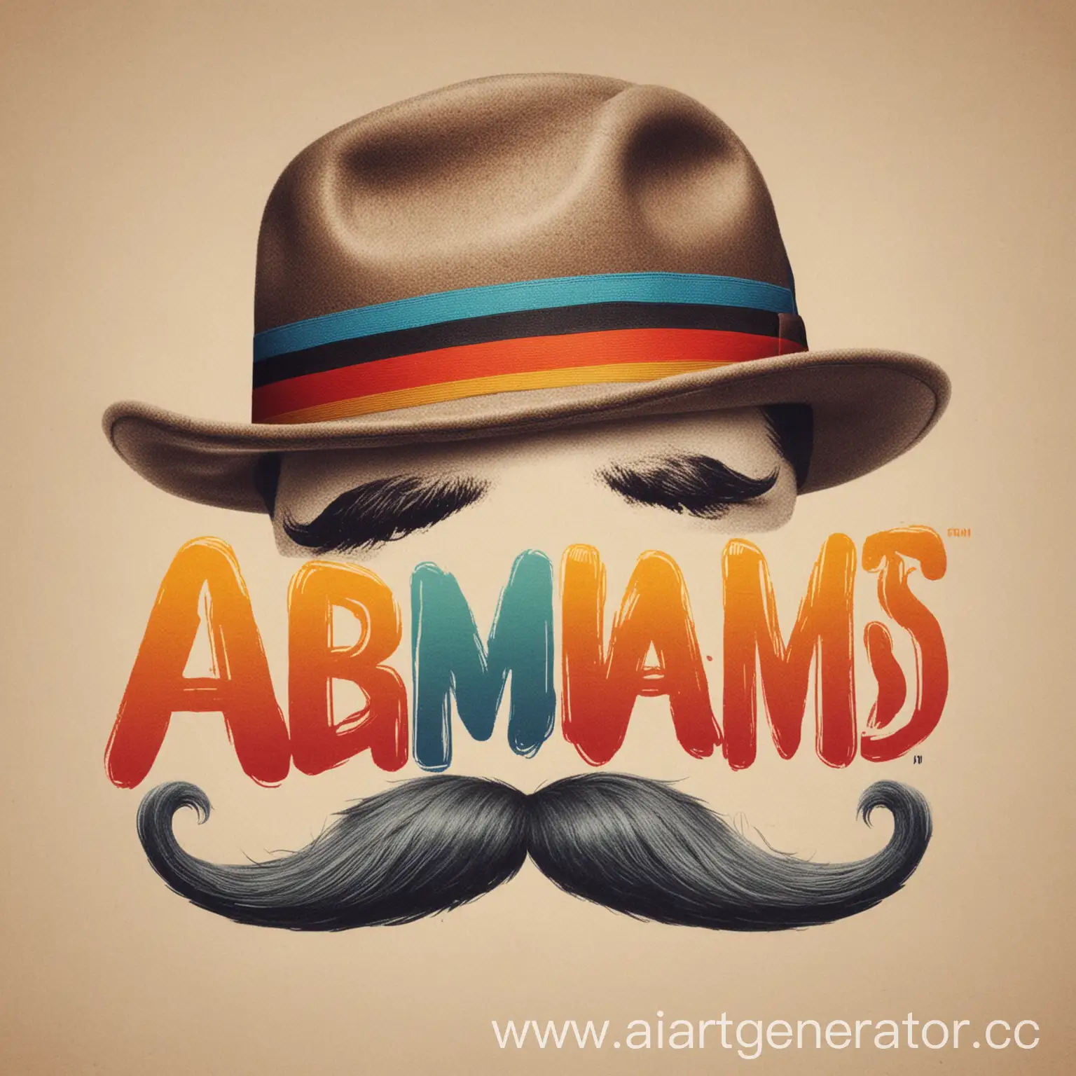 A logo that writes '' Adamm's Butik'' on it and there is a mustache and german longere trilby on it and have vibrant colors