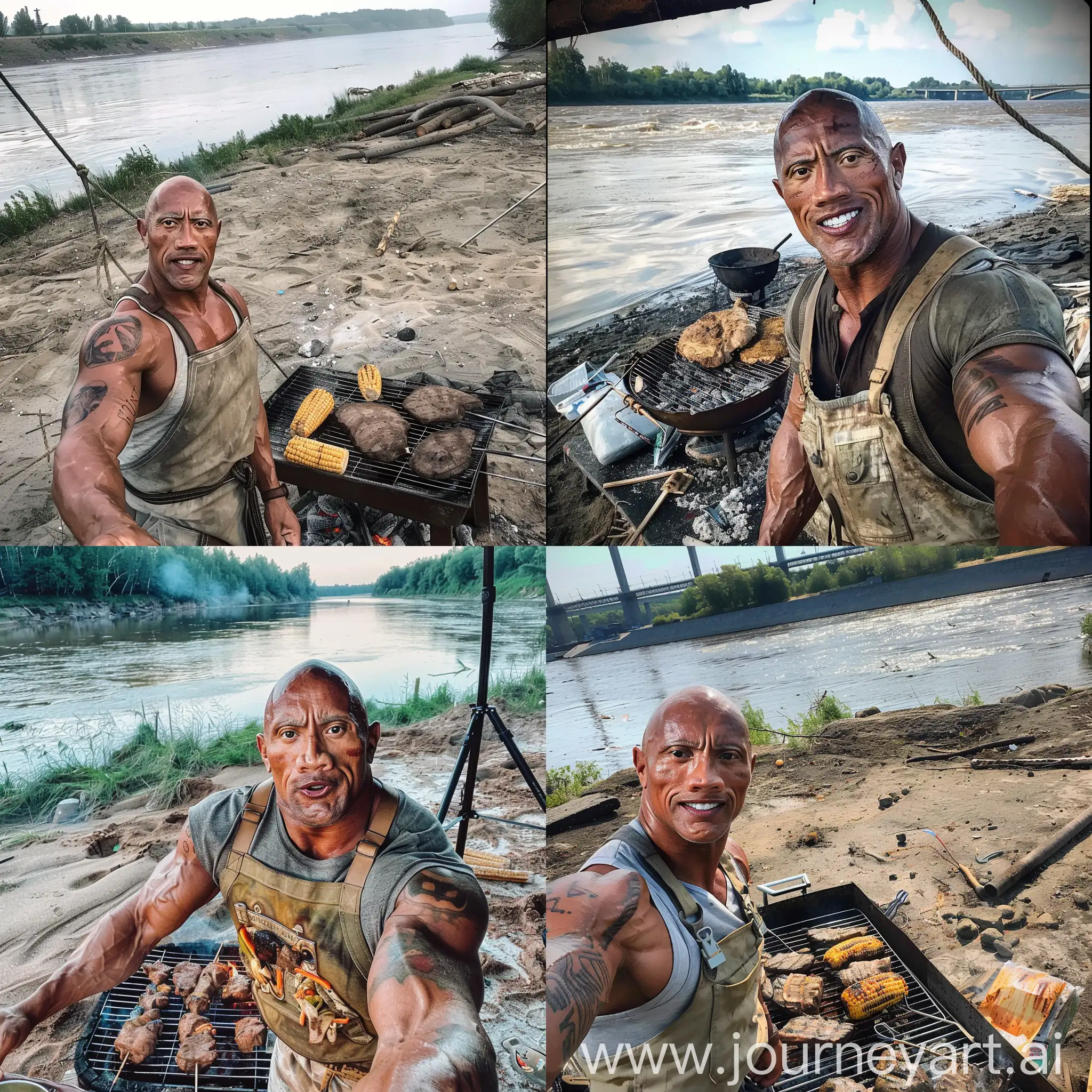 Dwayne-Johnson-Taking-a-Selfie-at-a-Barbecue-on-a-Dirty-Russian-River-Beach