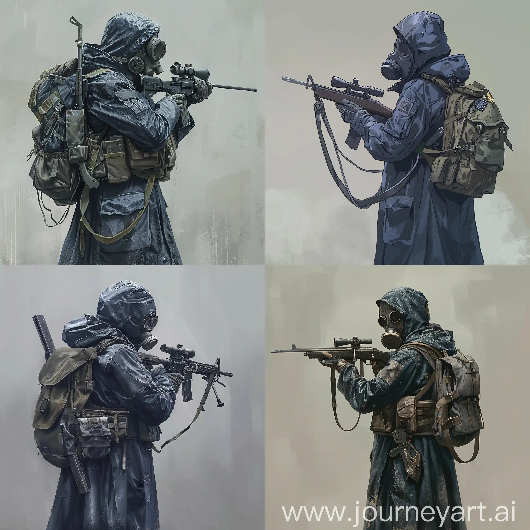 Concept art a mercenary from the universe of S.T.A.L.K.E.R., a mercenary dressed in a dark blue military raincoat, gray military armor on his body, a gas mask on his face, a small military backpack on his back, sniper rifle in his hands, manga concept art character style.