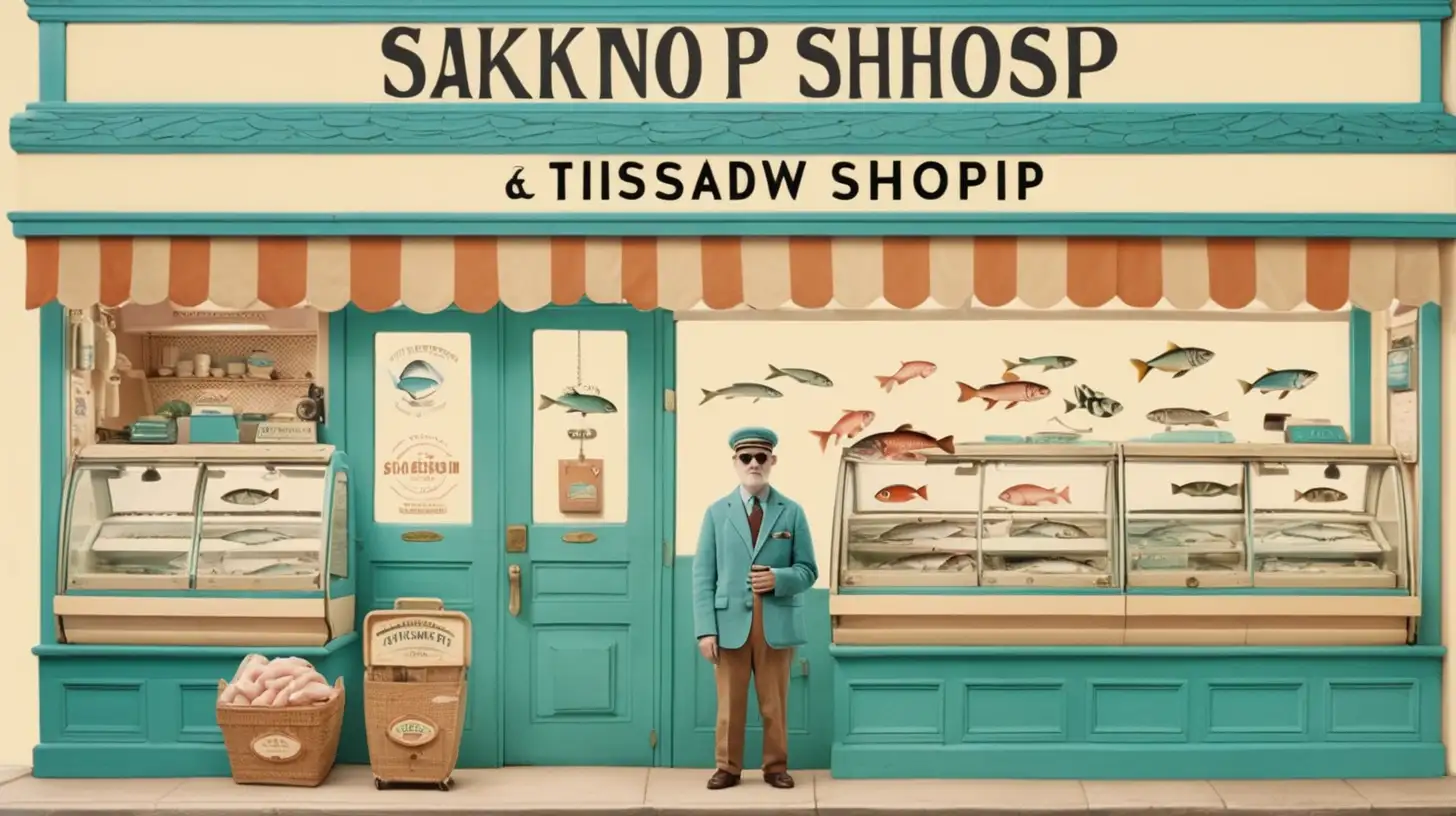  这是一张喜剧电影的海报，我希望它是一种带有韦森安德森电影的风格，一个名叫Atkinson fish shop卖鱼的商店，，以大地色调为主。