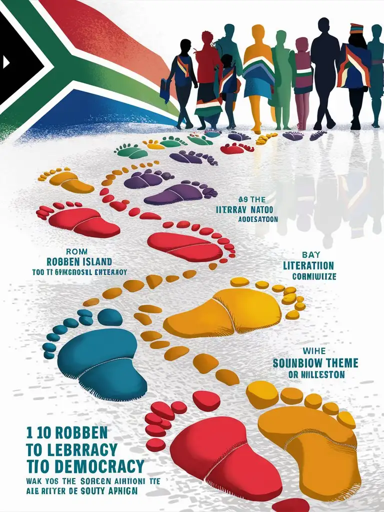 pamphlet cover, children's book animation that showcases a path of visible 10 large vivid human footprints, each one representing a different literary theme or milestone coming from Robben island to modern South Africa in downward direction to the South African flag and liberation, Title "30 Footprints of Freedom: South Africa's Literary Strides Towards Democracy and Beyond" silhouettes of the rainbow nations diverse community walking towards books and literacy of liberation, white infused