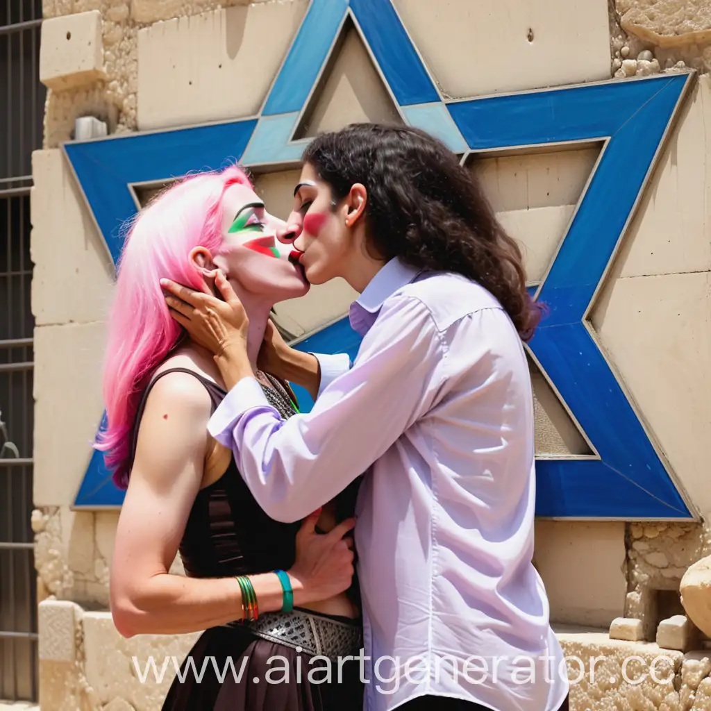 трансгендреная еврейка и палестинец целуются на фоне звезды Давида