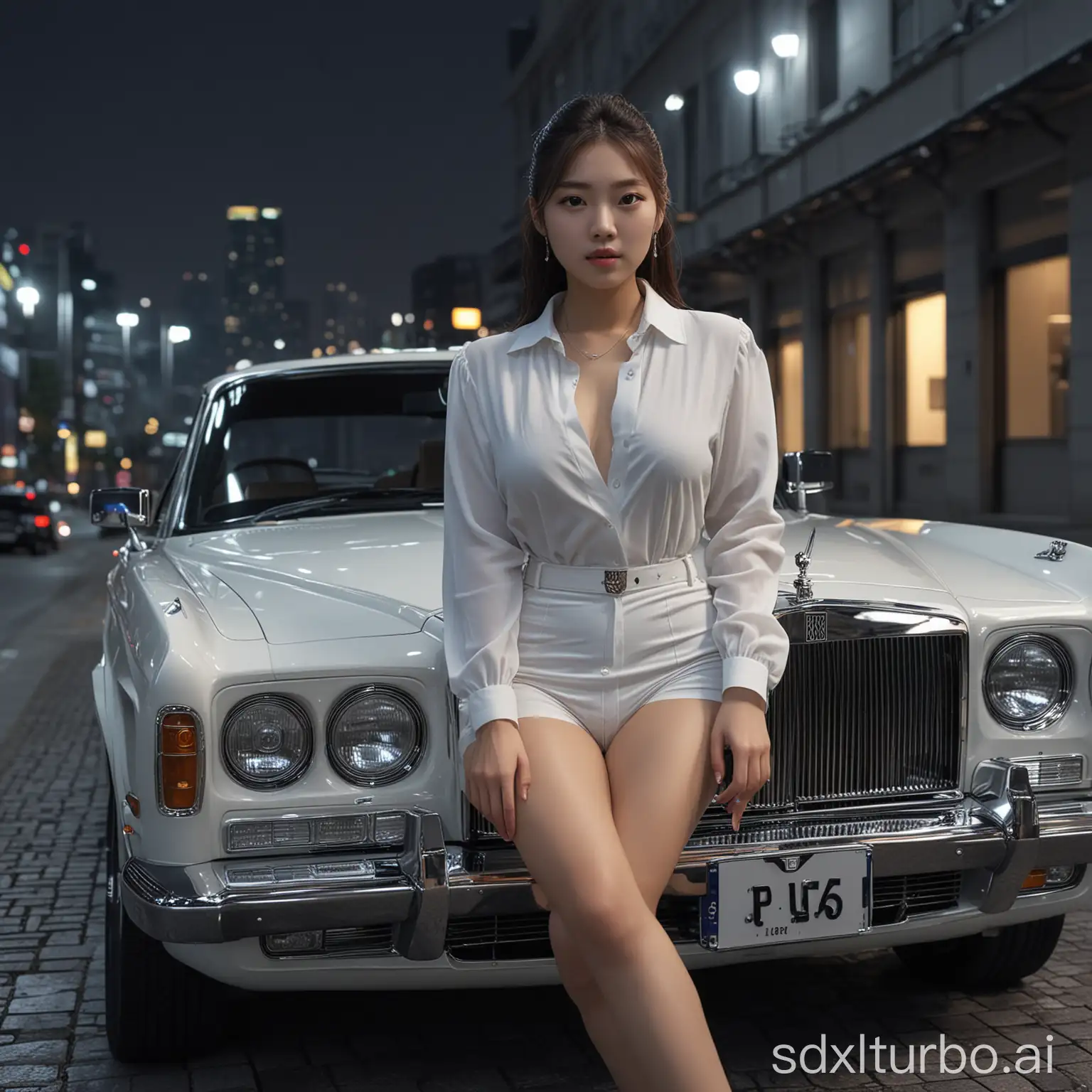 young korean girl, gorgeous face, show legs, Rolls Royce Camargue, night, Seoul, realistic, masterpiece, raytraced