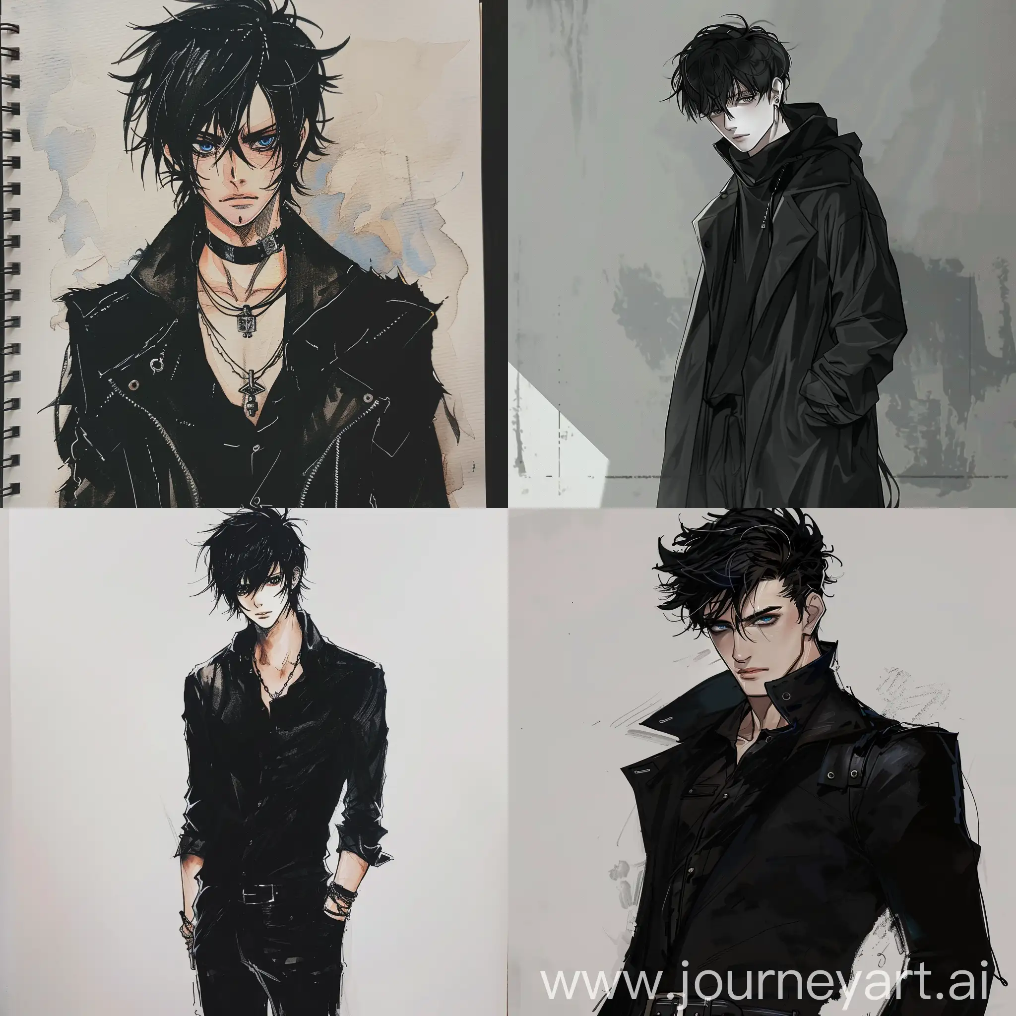 in the style of manga drawing, a tall guy with black hair,in black clothes,blue eyes,tall