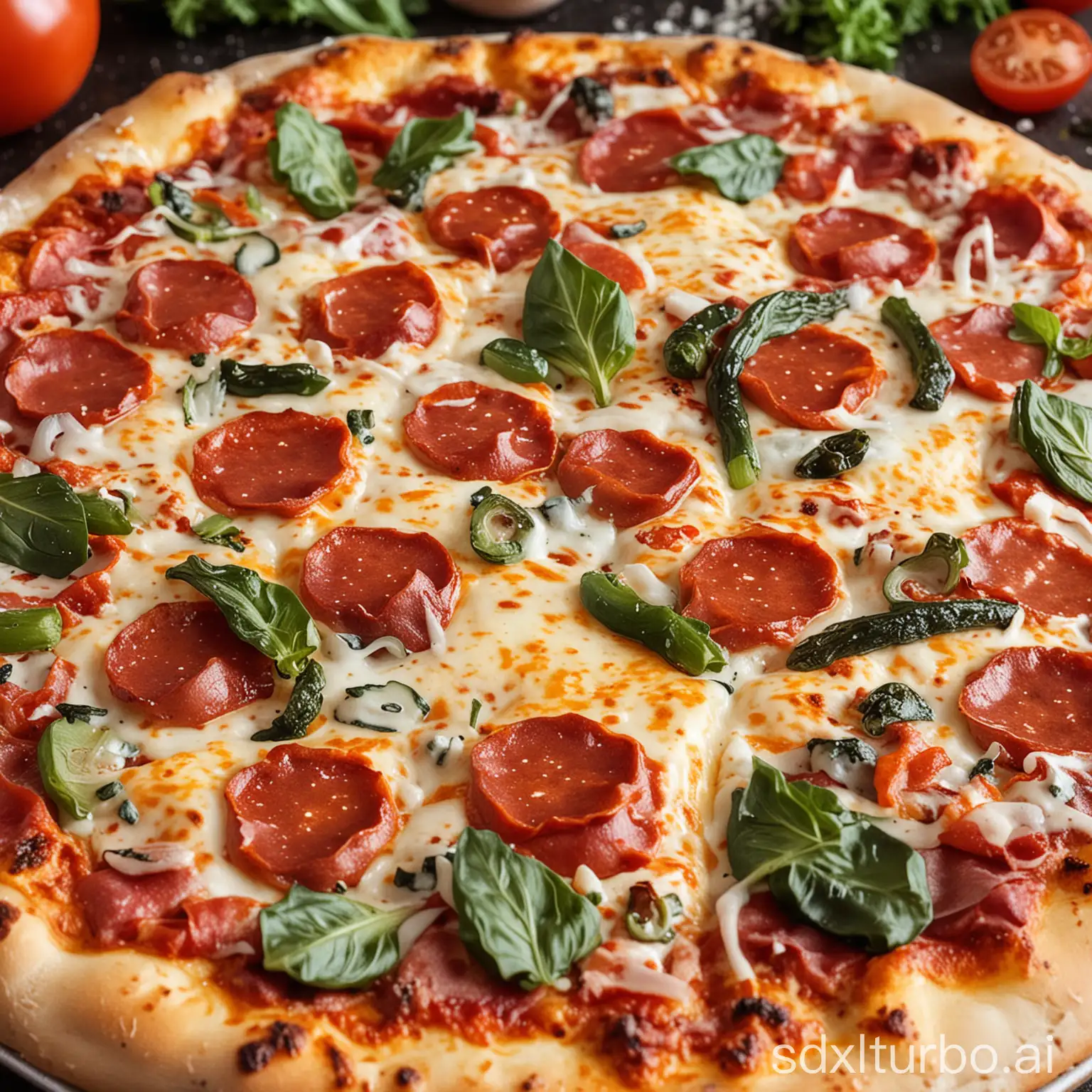 A close-up of a freshly baked pizza. The pizza is topped with melted cheese, pepperoni, and vegetables. The crust is golden brown and the cheese is bubbly.
