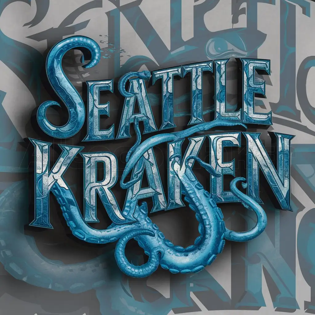 a logo design,with the text "Seattle Kraken", main symbol:The Wordmark 'Seattle Kraken' In a underwater kraken font and in all shades of blue text with a Kraken tentacle coming out of the N in 'Kraken',Moderate,clear background