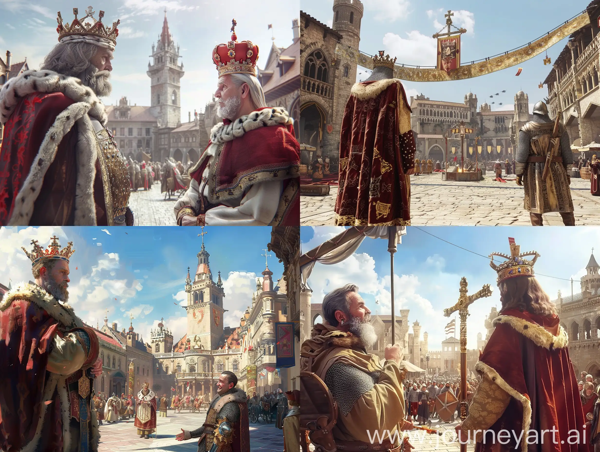 a king and his royal executioner are on the main square of a big medieval city, very sunny, photorealistic, wide angle