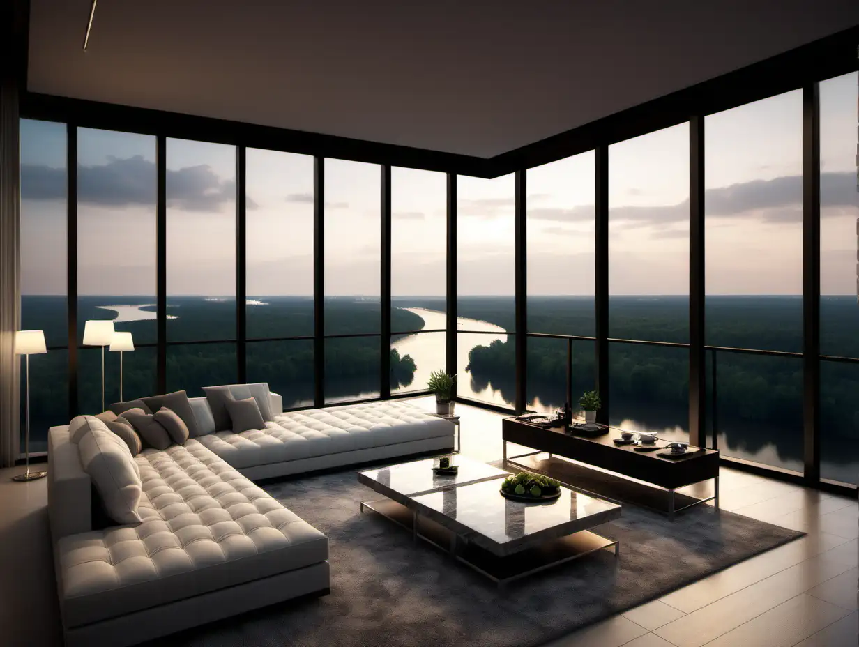 Modern-Penthouse-Interior-with-Terrace-on-23rd-Floor-Overlooking-River-and-Forest-at-Night