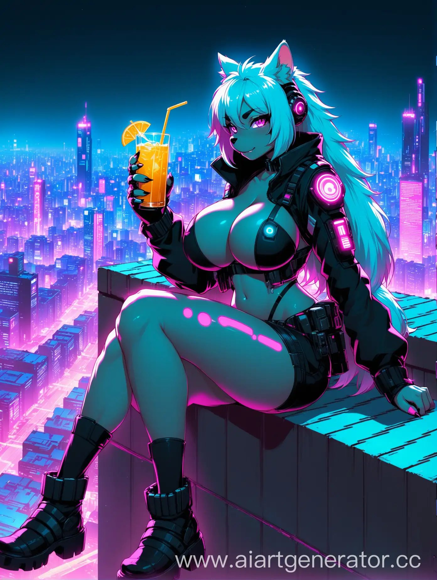 Cyberpunk-Night-Scene-Furry-Girl-on-Rooftop-with-Drink