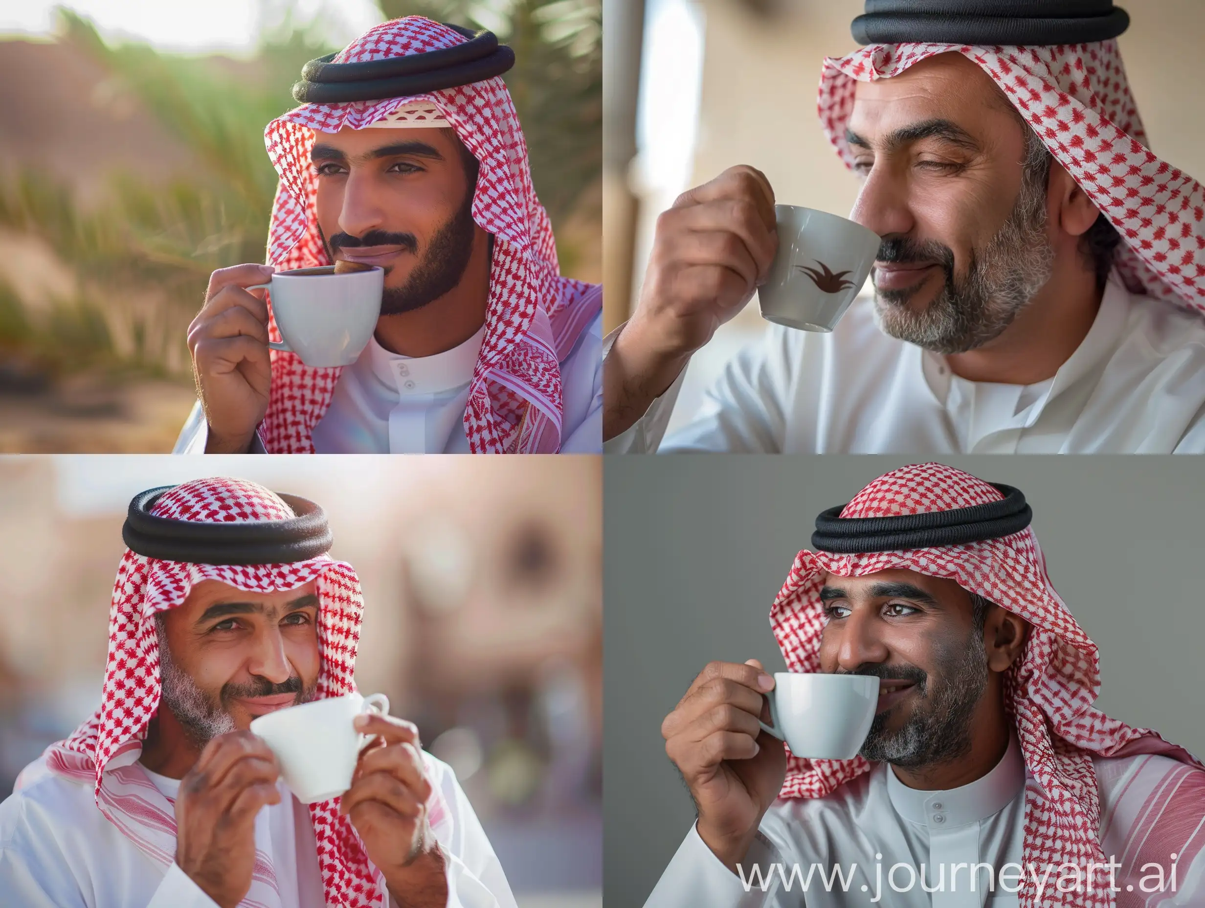 Real photo with natural light of Arab man drinking coffee
