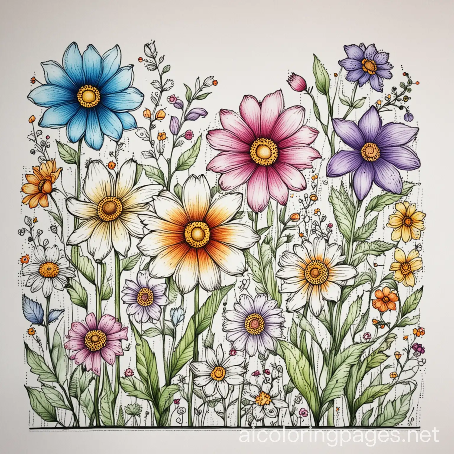 Coloring-Page-of-MultiColored-Flowers-with-Ample-White-Space