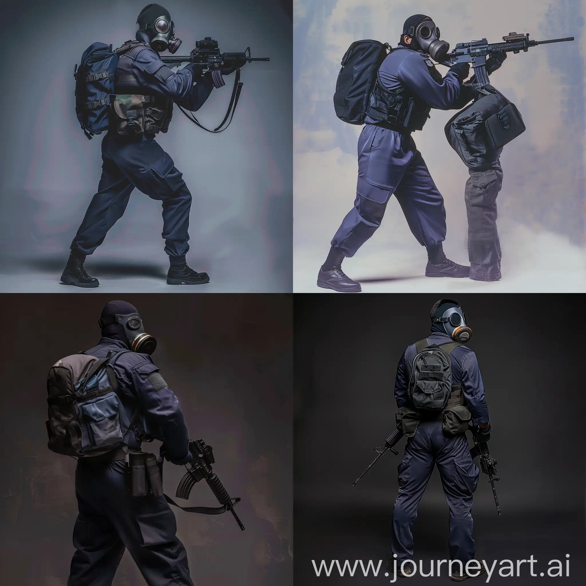 SAS operator 1978 year, dark purple military jumpsuit, gasmask on his face, small military backpack, military unloading on his body, sniper rifle in his hands.