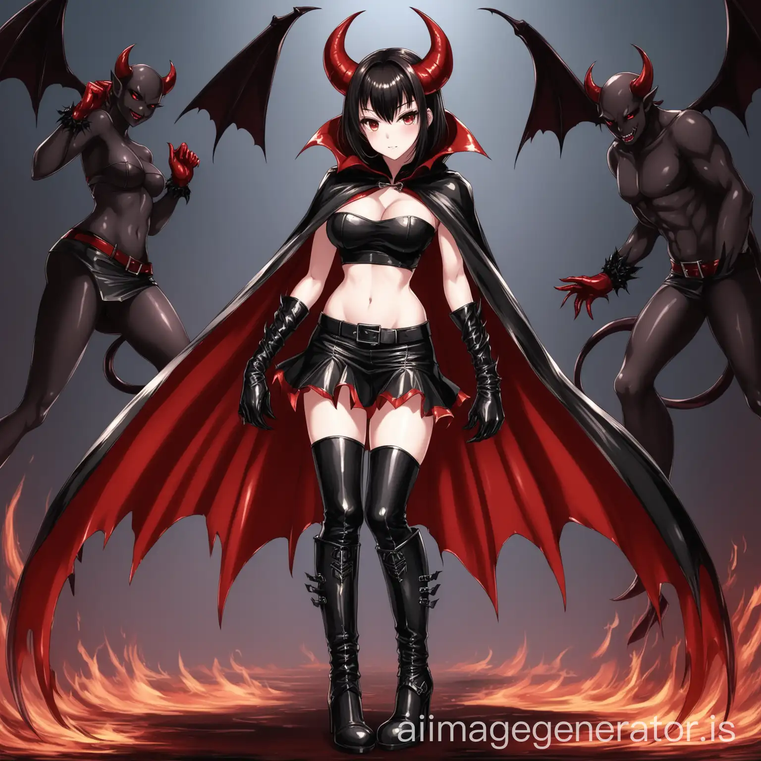 hot anime girl in a demon costume wearing a croptop, skirt, long leather gloves, long leather boots and a cape