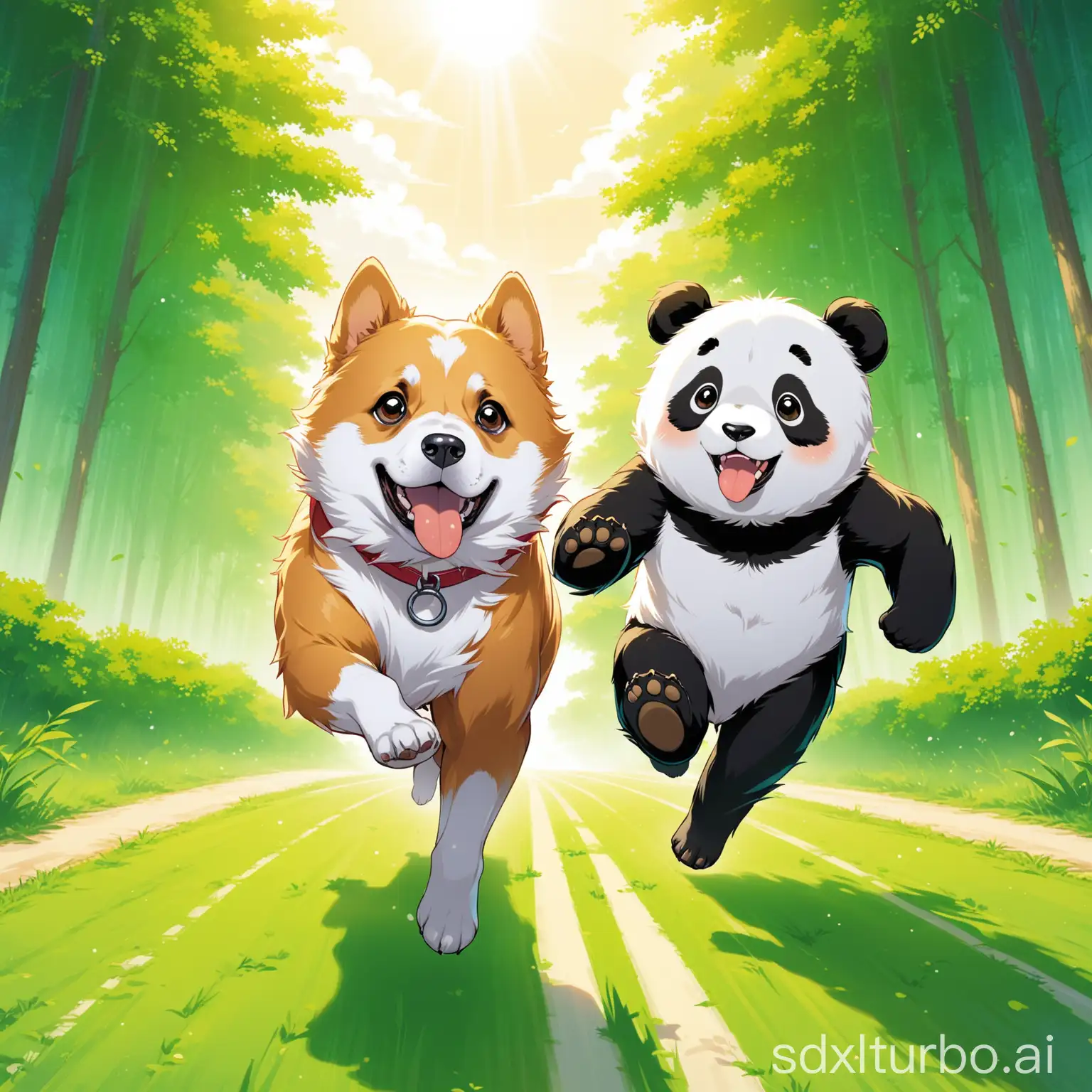 A dog and a panda  come running