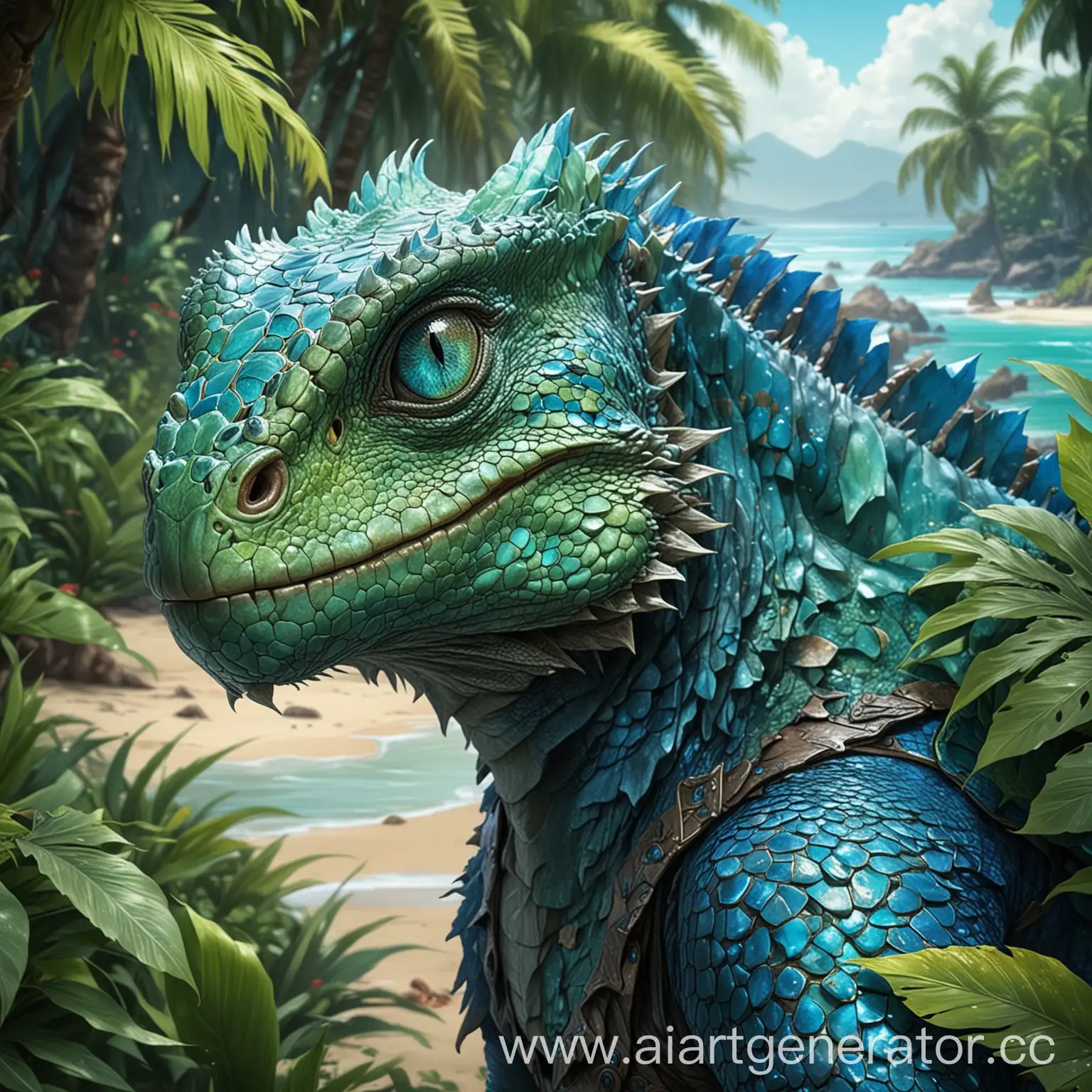 Сгенерируй ящероподобное привлекательное чудовище с зеленовато-голубой чешуей. У него должны быть выразительные голубые глаза. Стилистика рисовки Warcraft. 
На фоне должен быть райский тропический остров. 