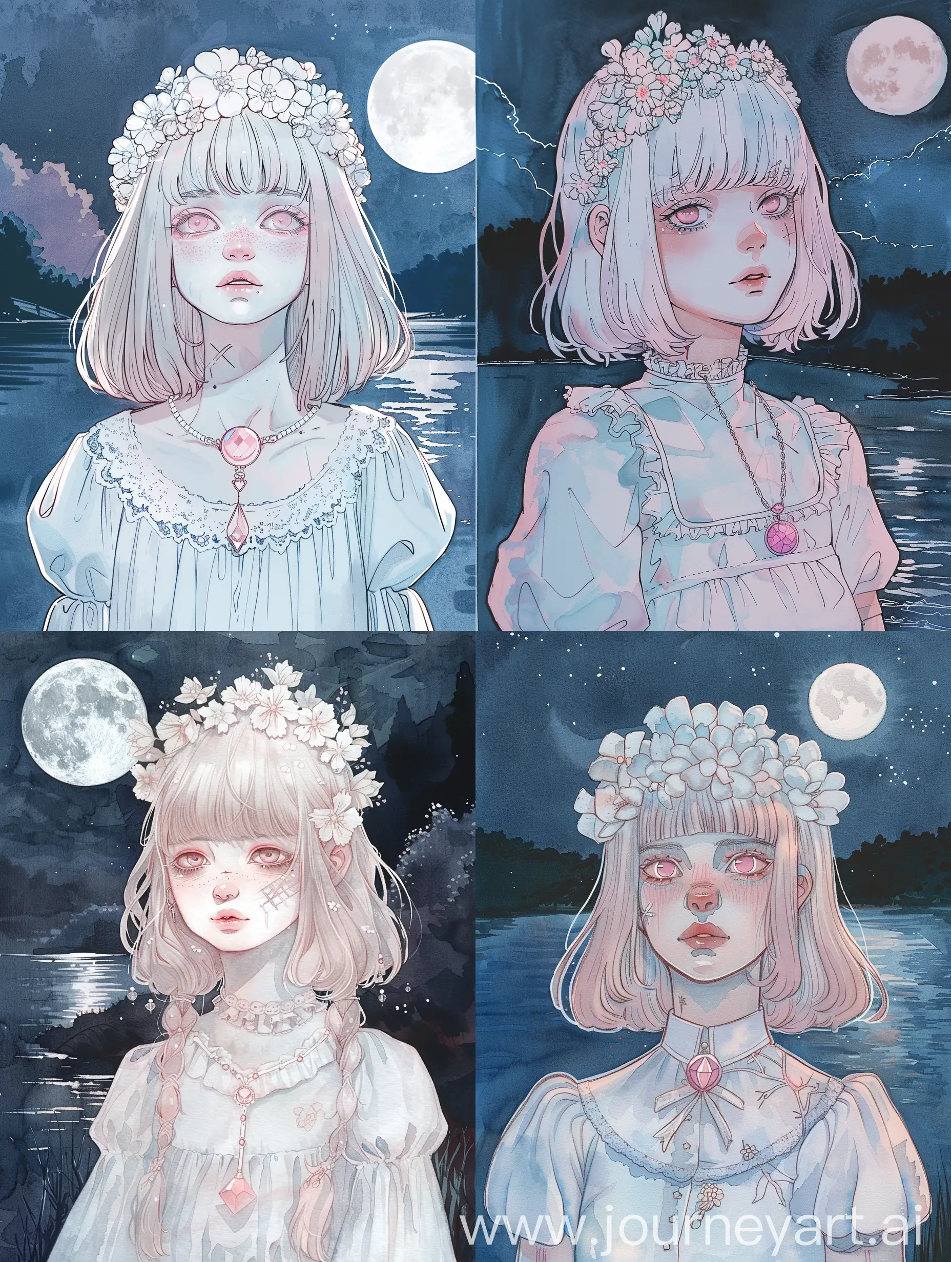 Anime style, watercolor sketch outlines, girl, light-pink  shoulder-length hair, bangs, light pink eyes, light skin, scar on the cheek, white dress in traditional Slavic style, wine of white flowers on her head, pendant with pink crystal on her neck, night, full moon, river bank , Birch Grove 