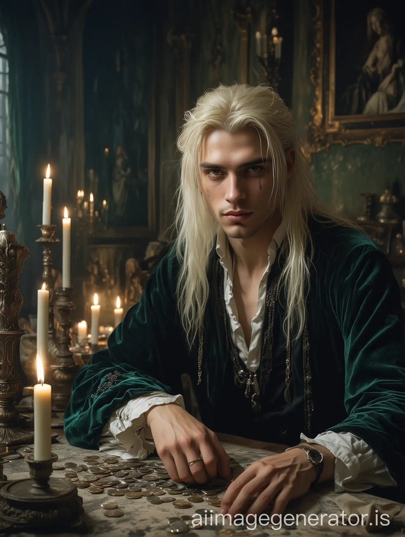 man's one eye scarred, portrait, sitting at the table holding a coin, luis royo style, mischievous smile handsome young man thin lips with a long face long full platinum blonde sleek hair, big scar across left eye, dressed in intricate dark green velvet clothes, background is a cluttered castle room royal room lit by candles, midnight blue backlight