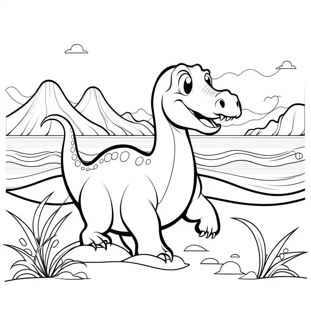 cute Hadrosaurus dinosaur having fun at the beach, Coloring Page, black and white, line art, white background, Simplicity, Ample White Space. The background of the coloring page is plain white to make it easy for young children to color within the lines. The outlines of all the subjects are easy to distinguish, making it simple for kids to color without too much difficulty